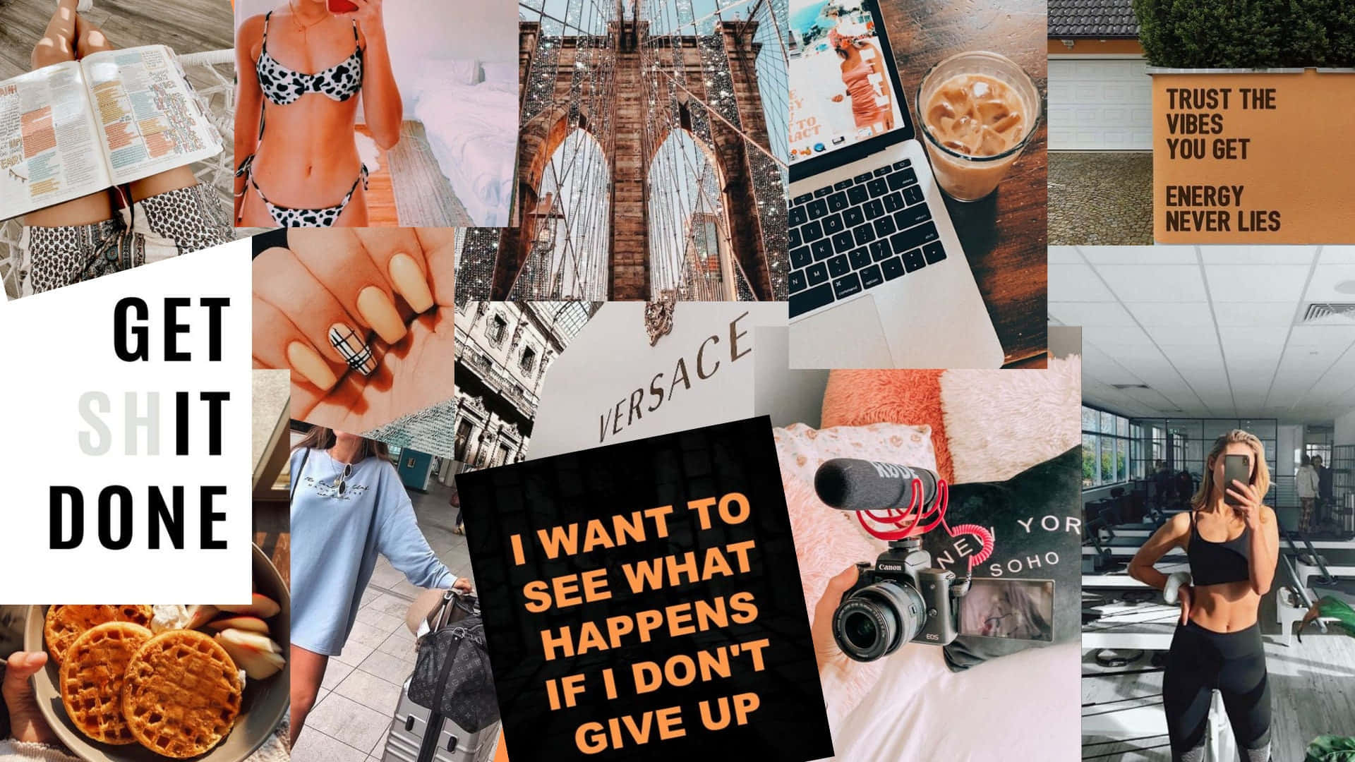 A Collage Of Photos With The Words Get Shit Done Background