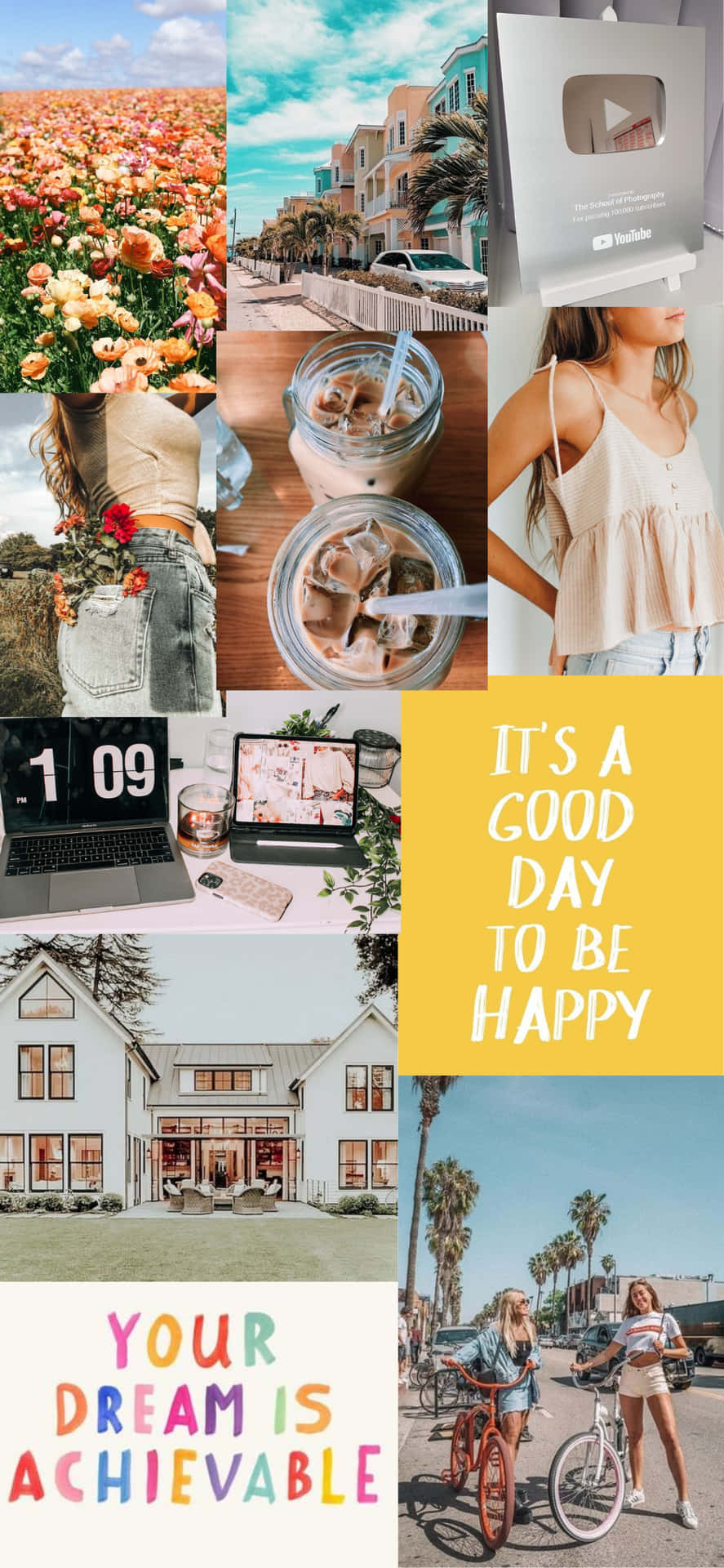 A Collage Of Photos With The Words'it's A Good Day To Be Happy' Background