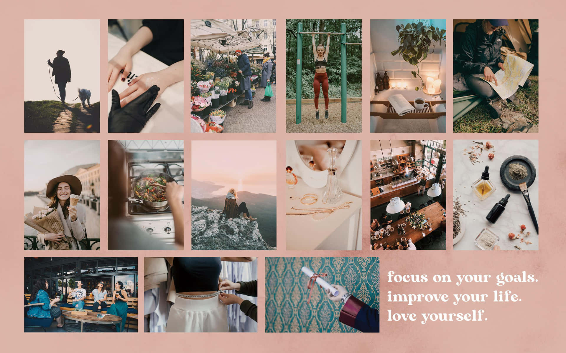 A Collage Of Photos With The Words Learn On Your Goals Improve Your Life Background