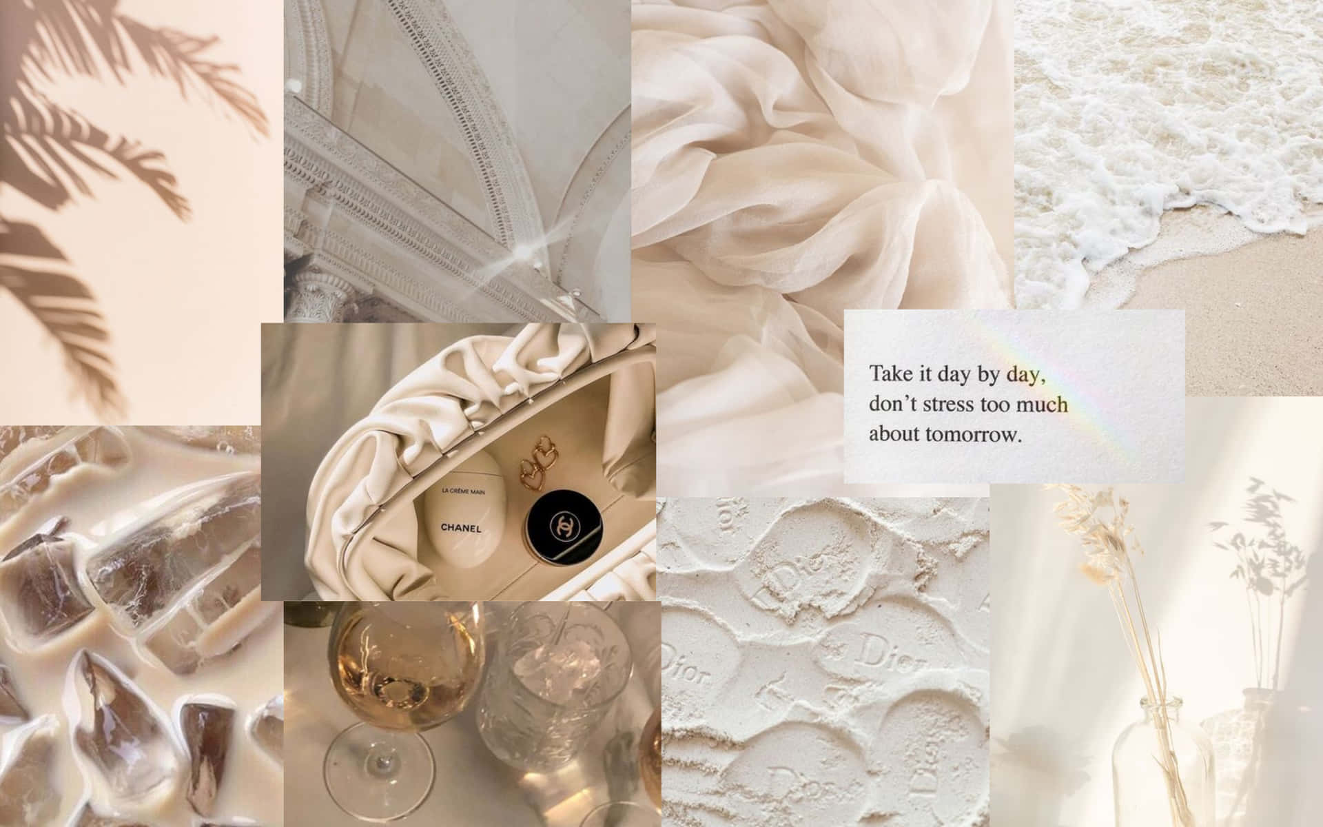 A Collage Of Photos With White And Beige Items Background