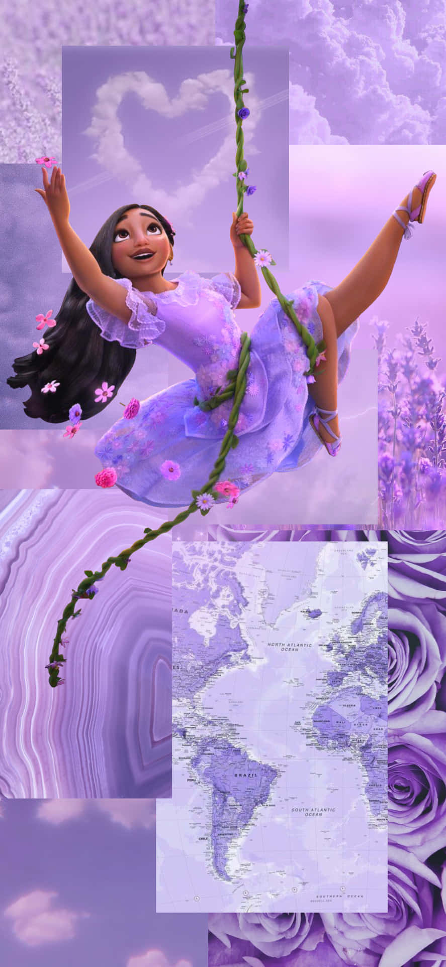 A Collage Of Pictures Of A Girl In Purple Background