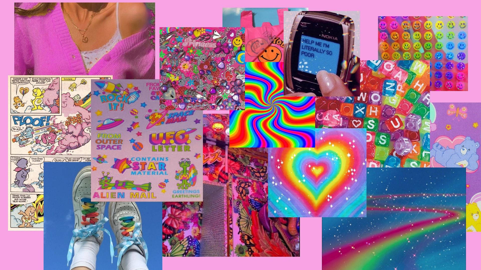 A Collage Of Pictures Of A Girl With A Pink Phone Background