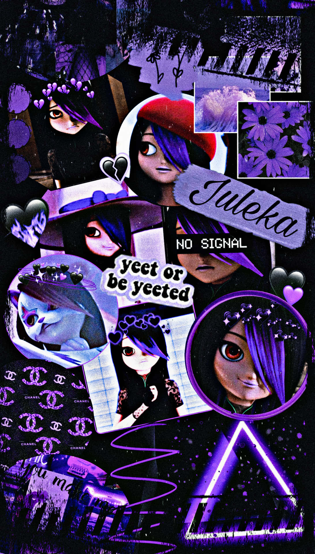 A Collage Of Pictures Of A Girl With Purple Hair Background