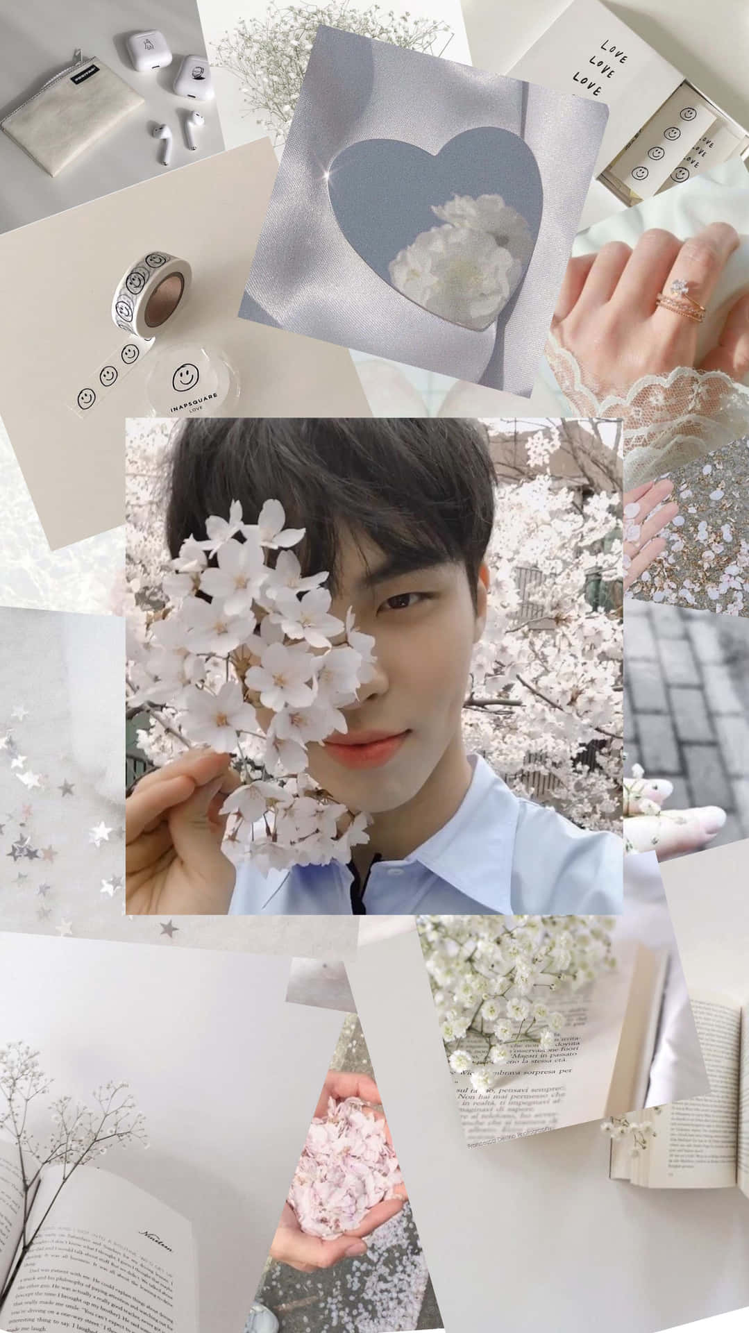 A Collage Of Pictures Of A Man Holding Flowers Background