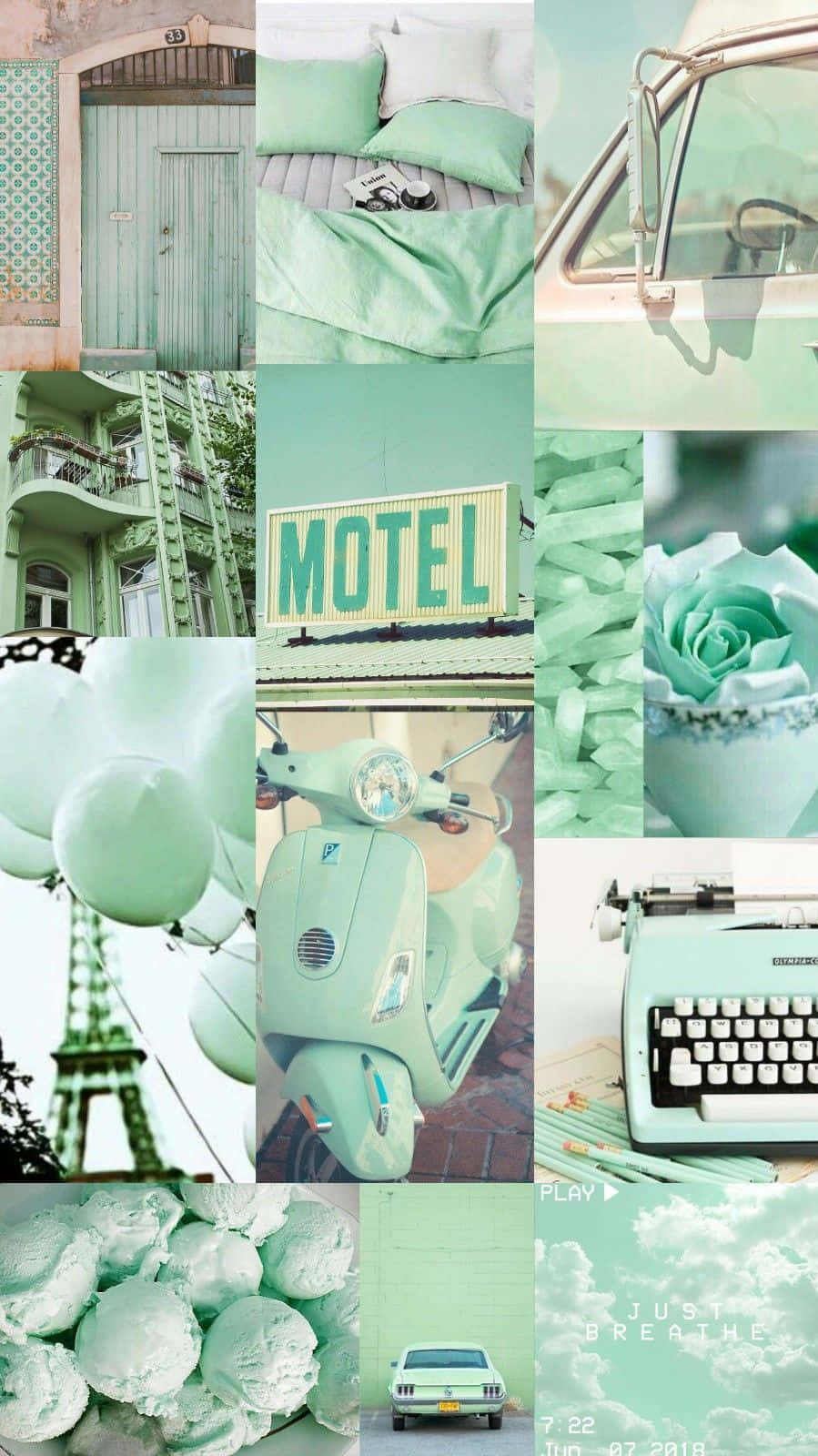 A Collage Of Pictures Of A Motel, Typewriter, And A Typewriter Background