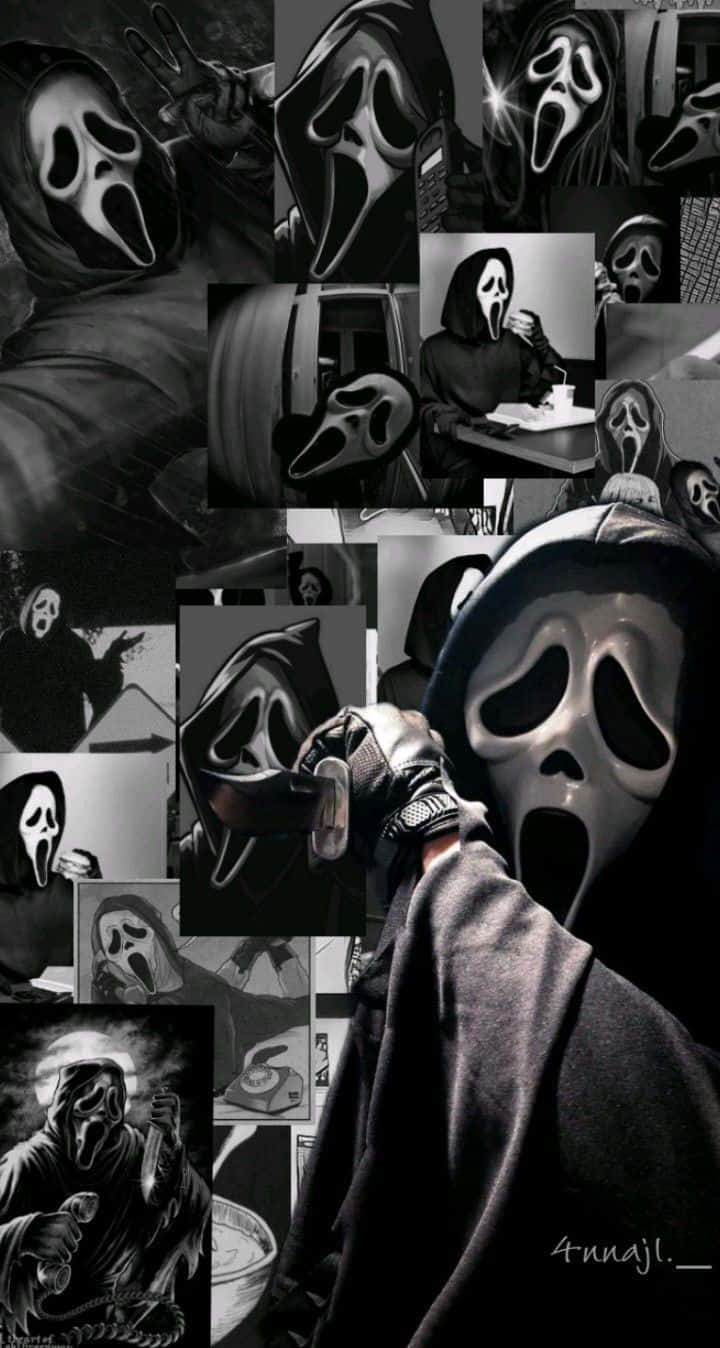 A Collage Of Pictures Of A Scream Mask Background