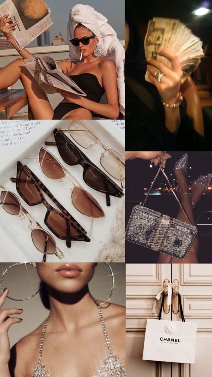 A Collage Of Pictures Of A Woman With Money And Sunglasses Background