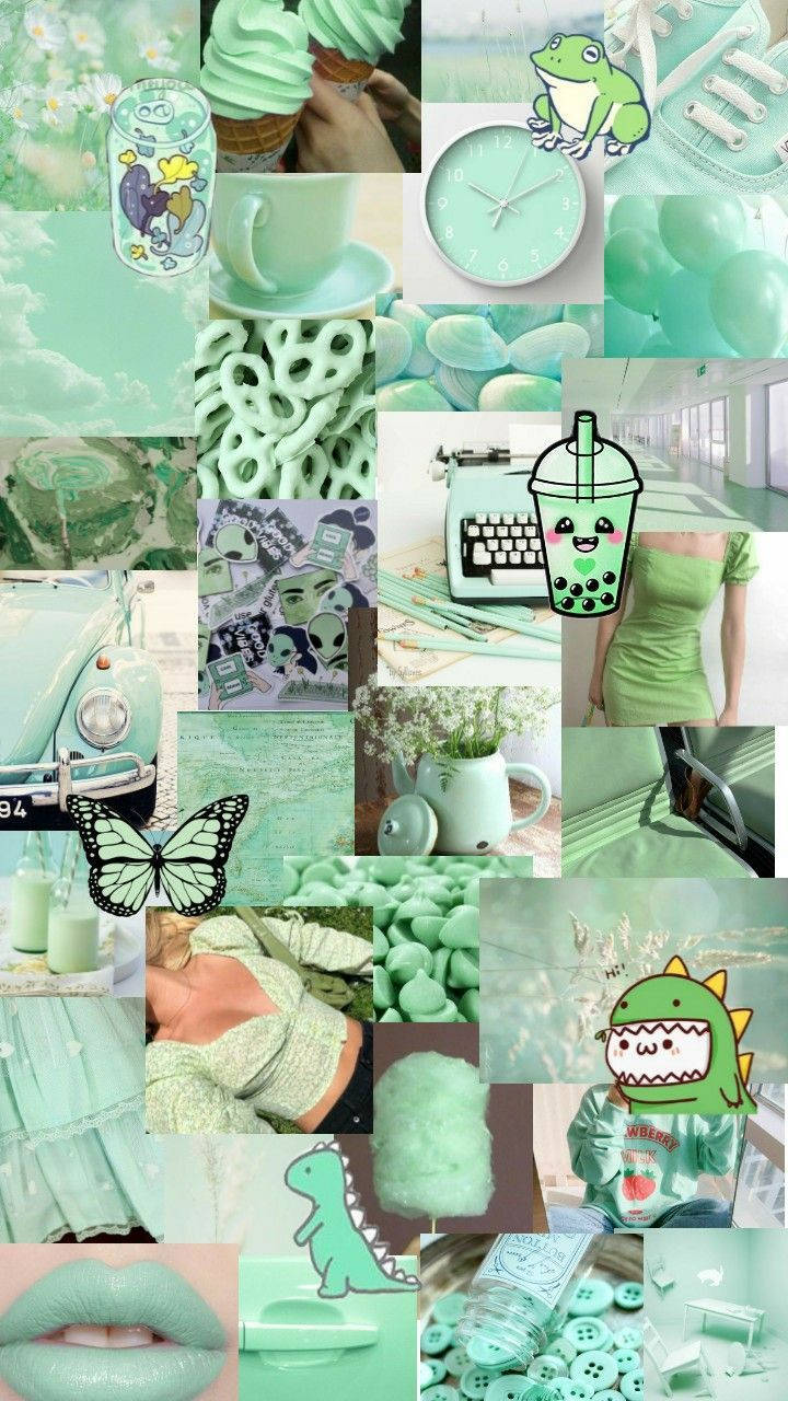 A Collage Of Pictures Of Green And Blue Items