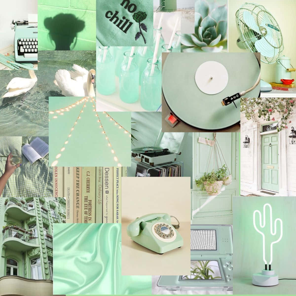 A Collage Of Pictures Of Green And White Items Background