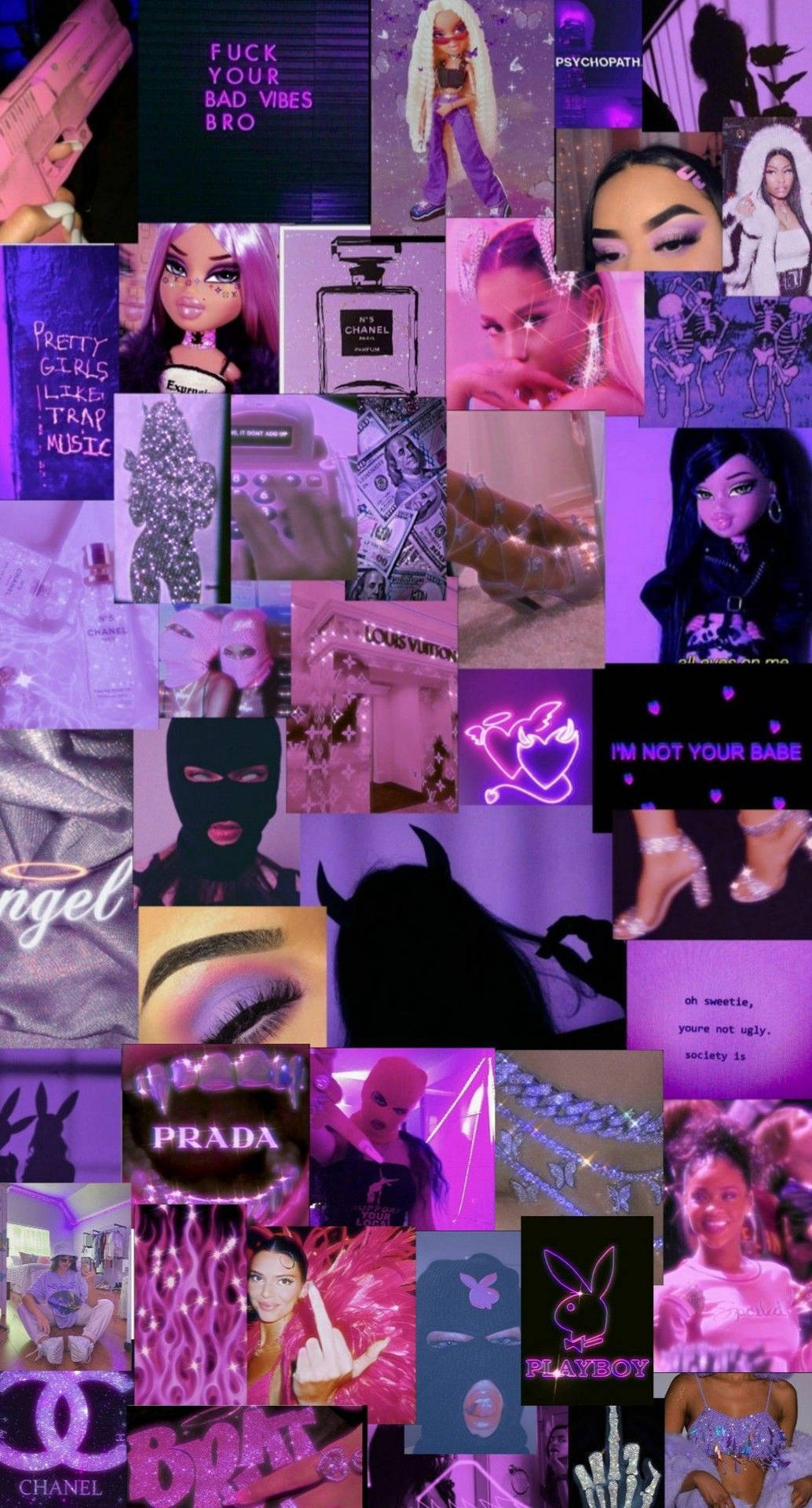 A Collage Of Pictures Of People In Purple Background