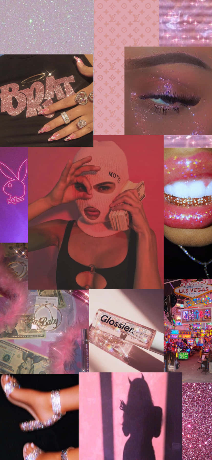 A Collage Of Pictures Of People With Pink Makeup Background
