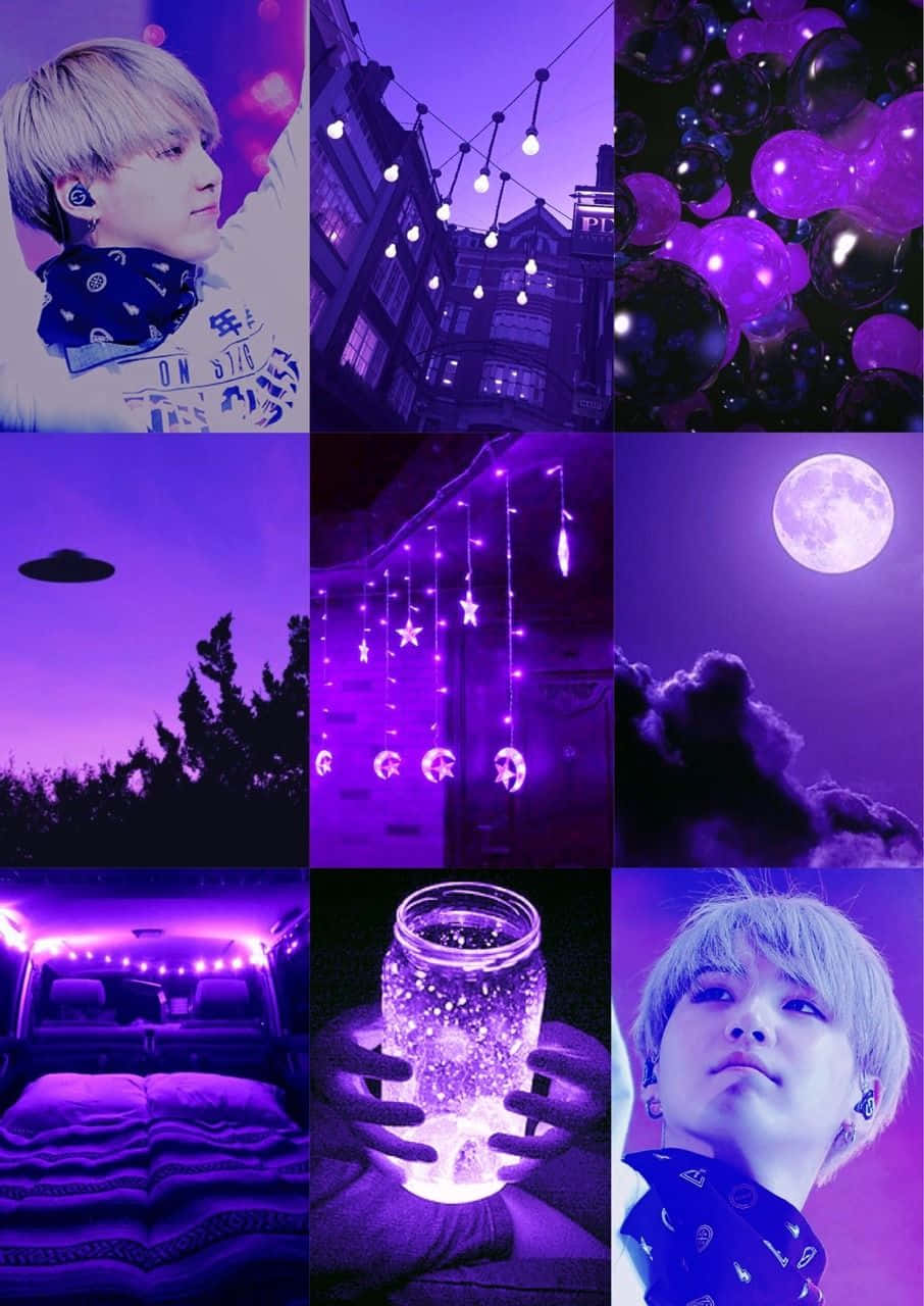 A Collage Of Pictures Of Purple Lights And A Purple Light Background