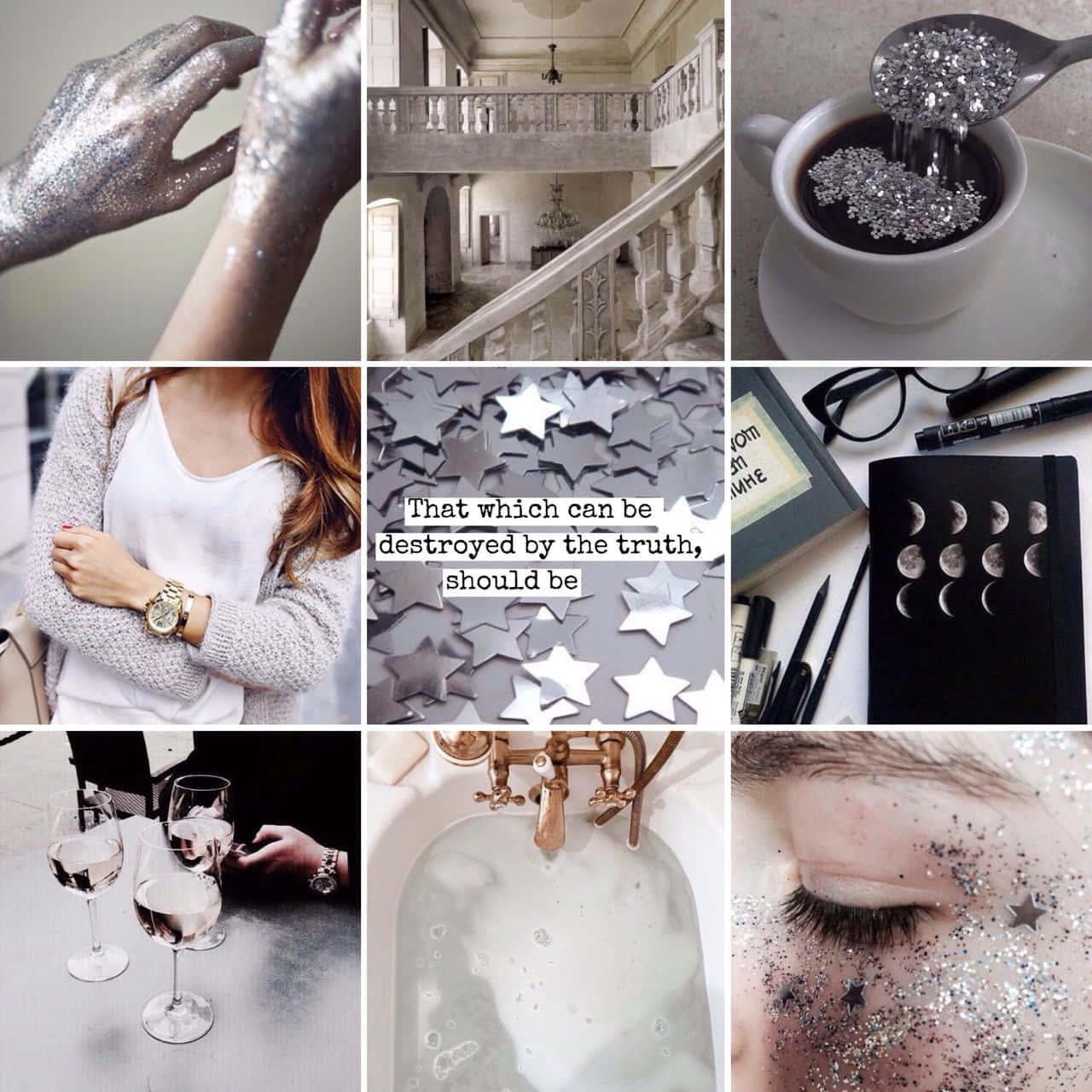 A Collage Of Pictures With Glitter And Silver Background