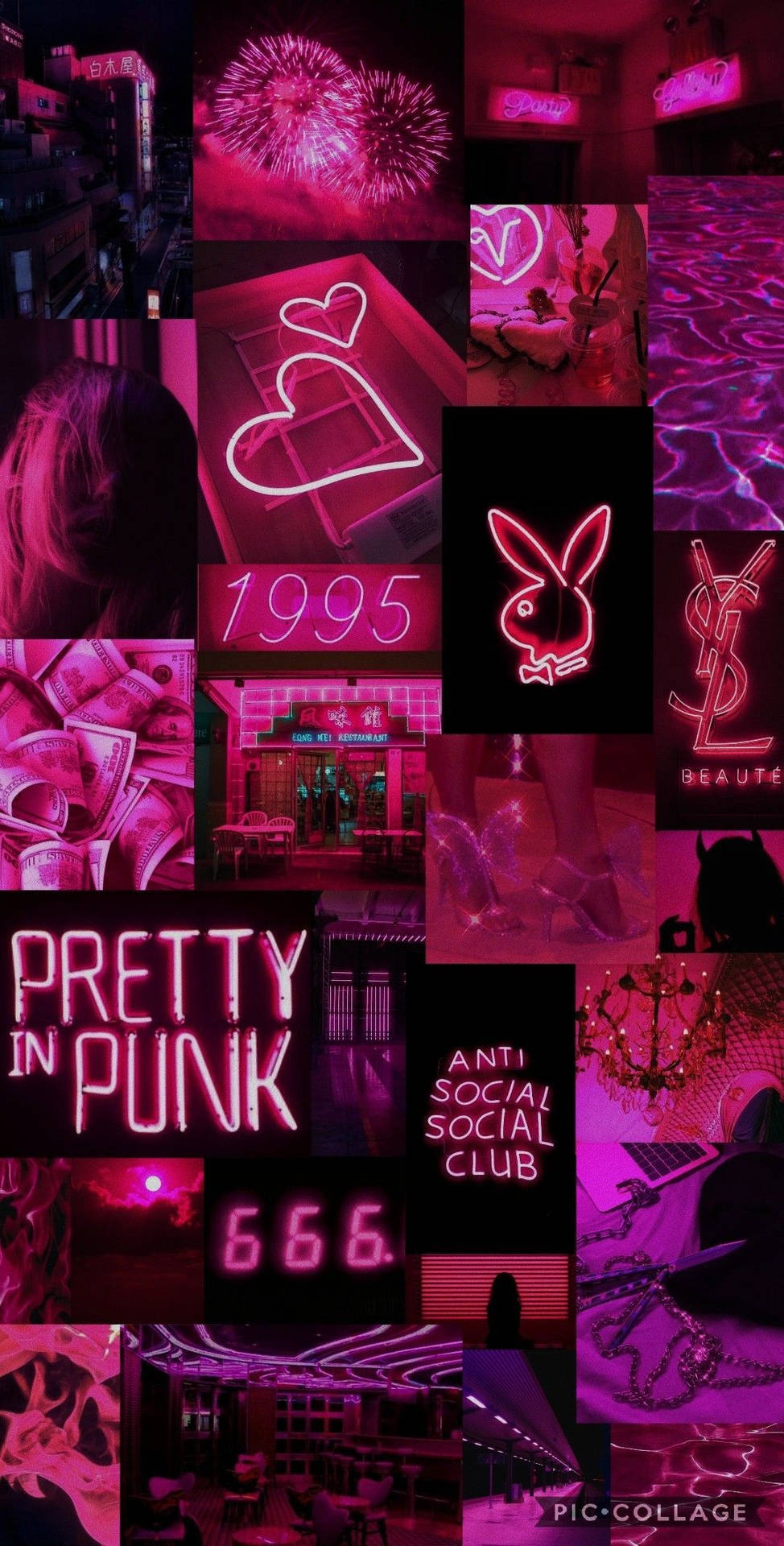 A Collage Of Pink Neon Signs And Neon Lights Background