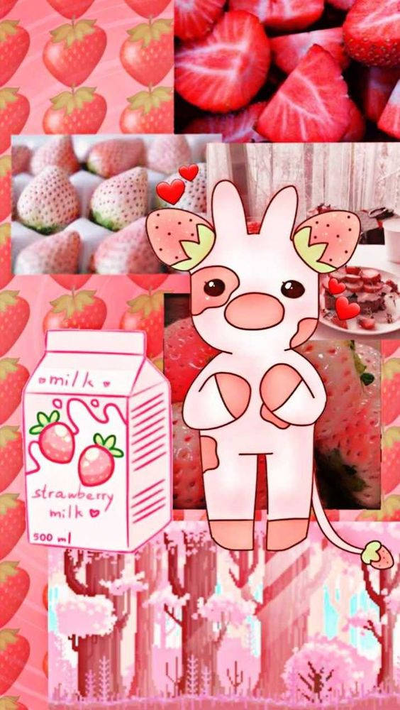 A Collage Of Pink Pictures With A Cow And Strawberries Background