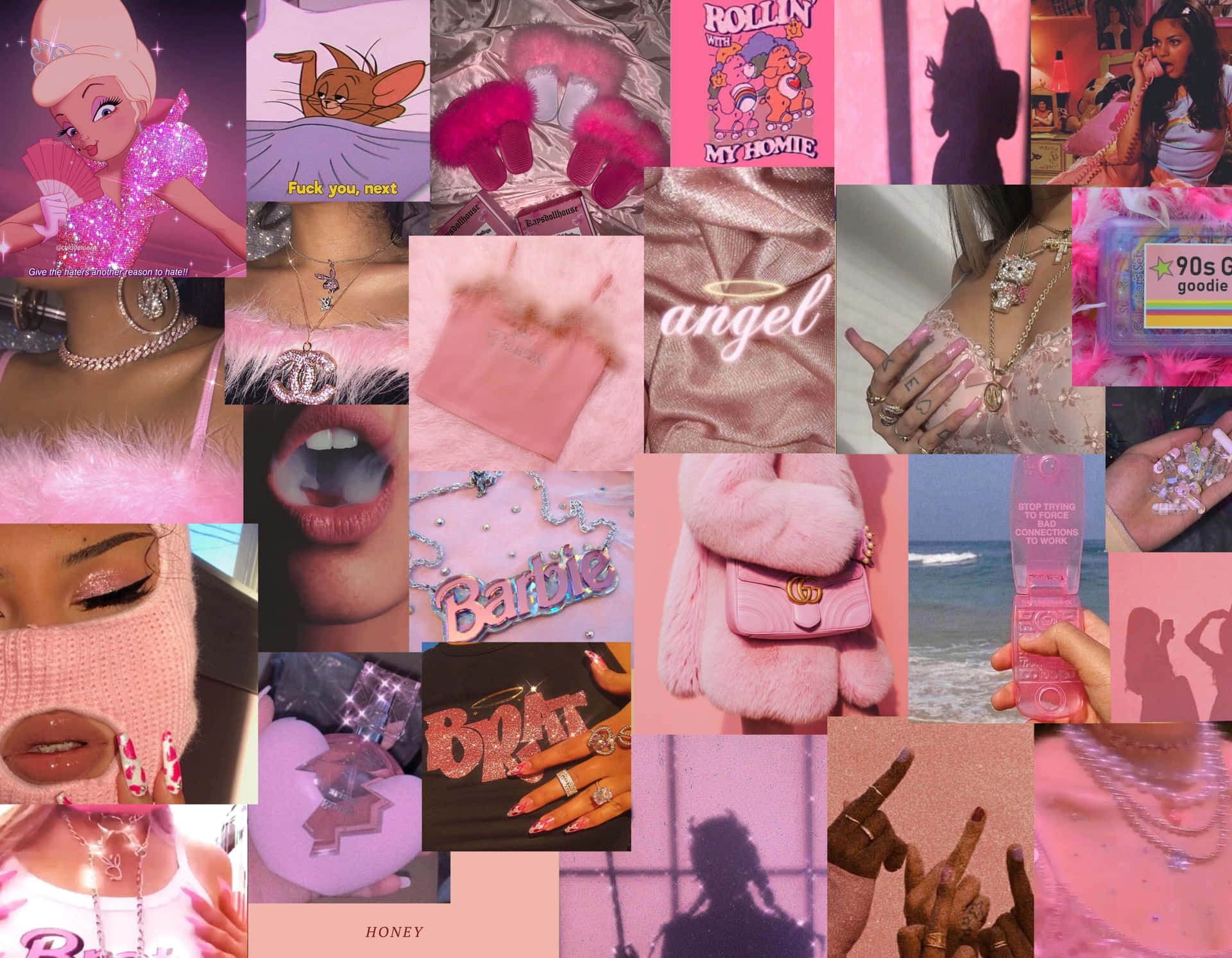 A Collage Of Pink Pictures With A Lot Of Jewelry Background