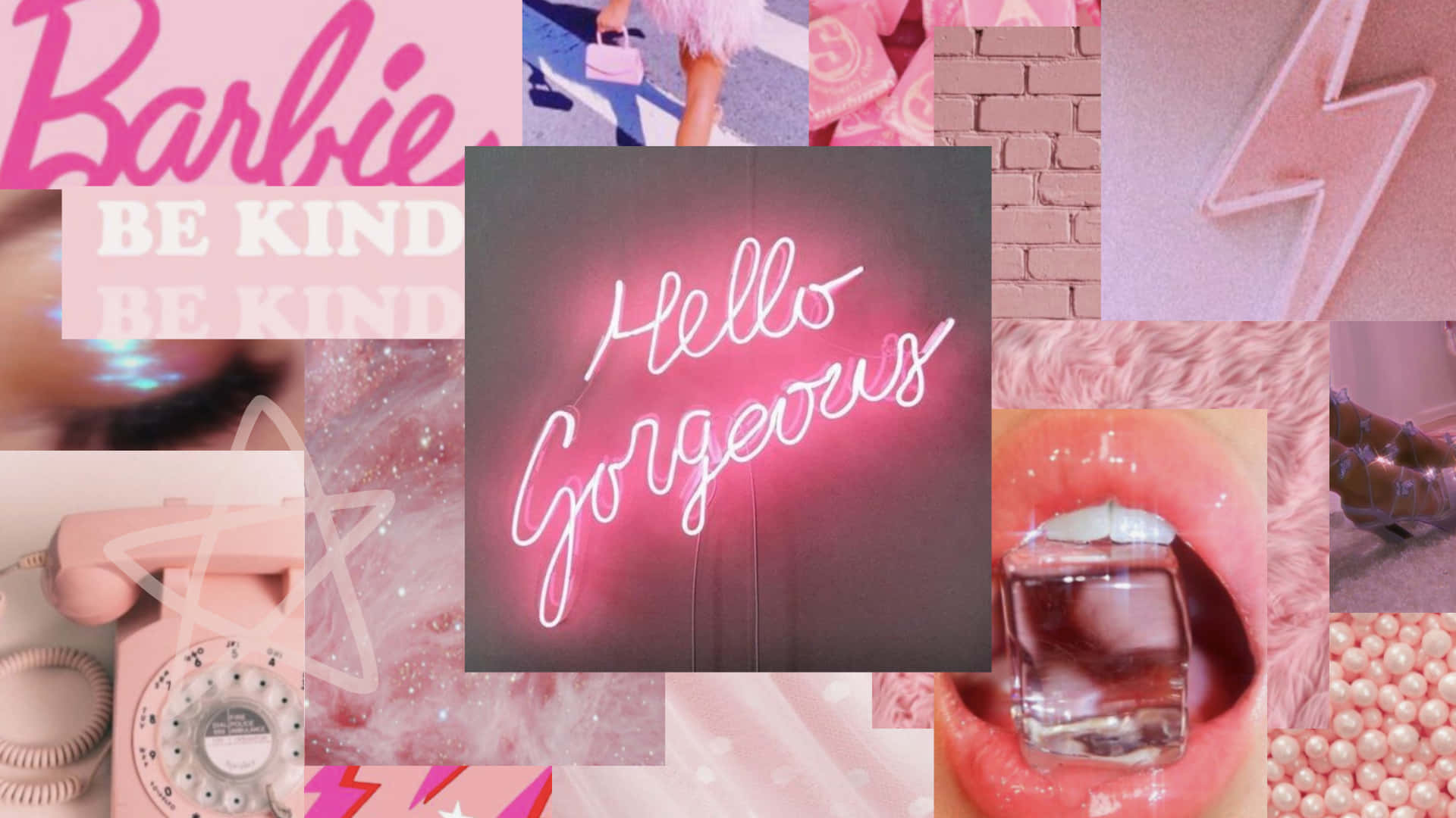 A Collage Of Pink Pictures With The Words Hello Gorgeous Background
