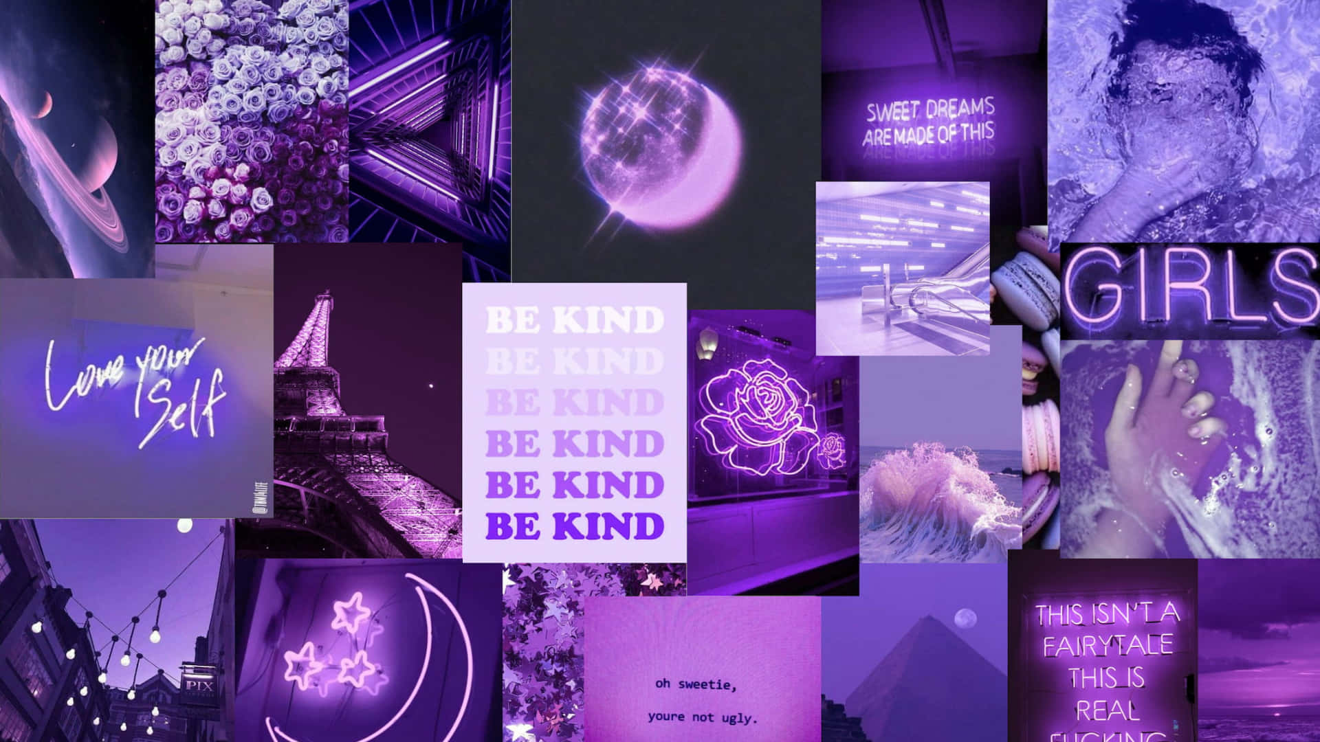 A Collage Of Purple Pictures With The Words Be Kind