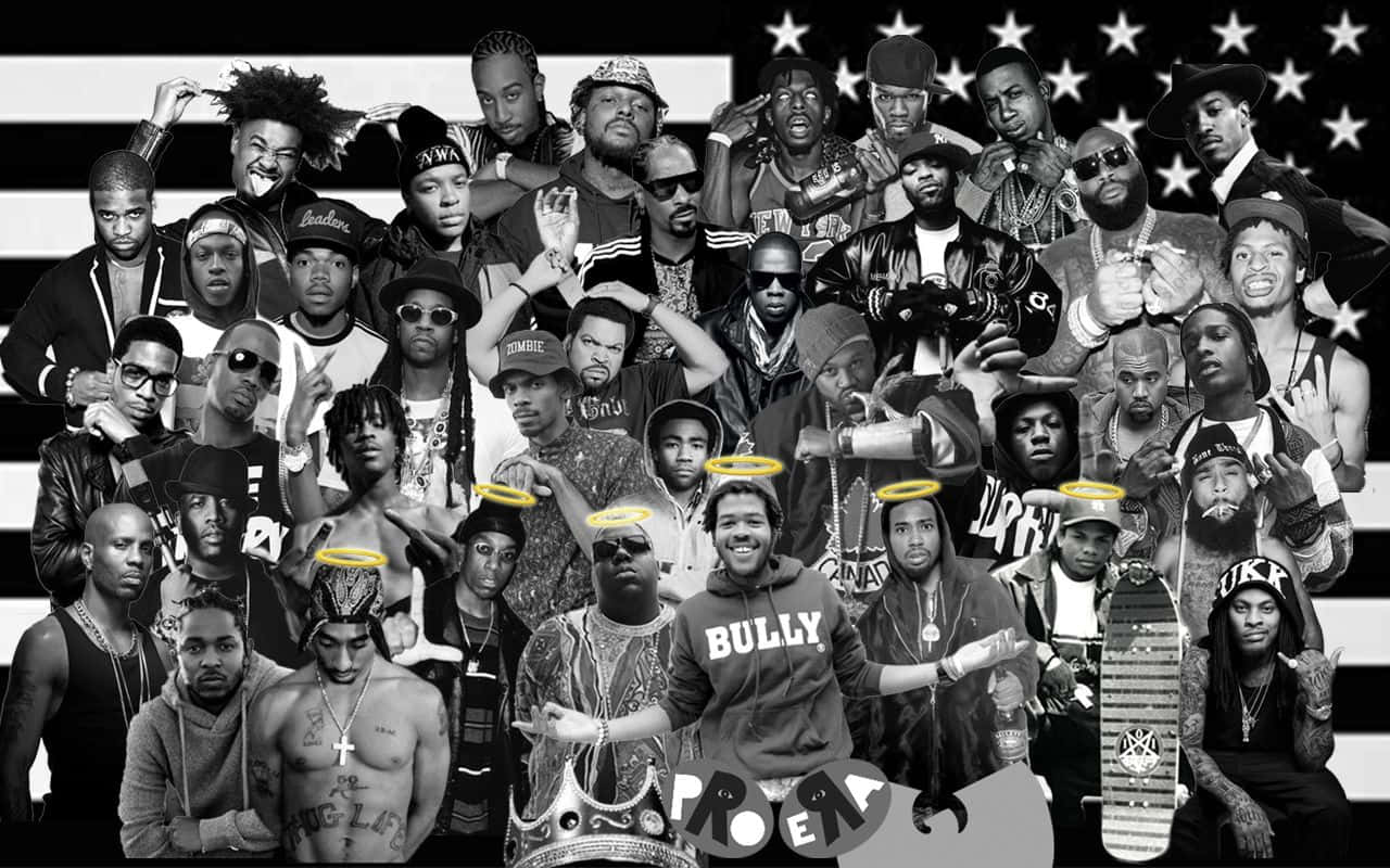 A Collage Of Rappers And Skaters With An American Flag Background