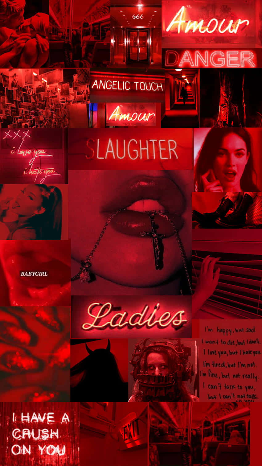 A Collage Of Red And Black Images With The Words Laughter Ladies Background
