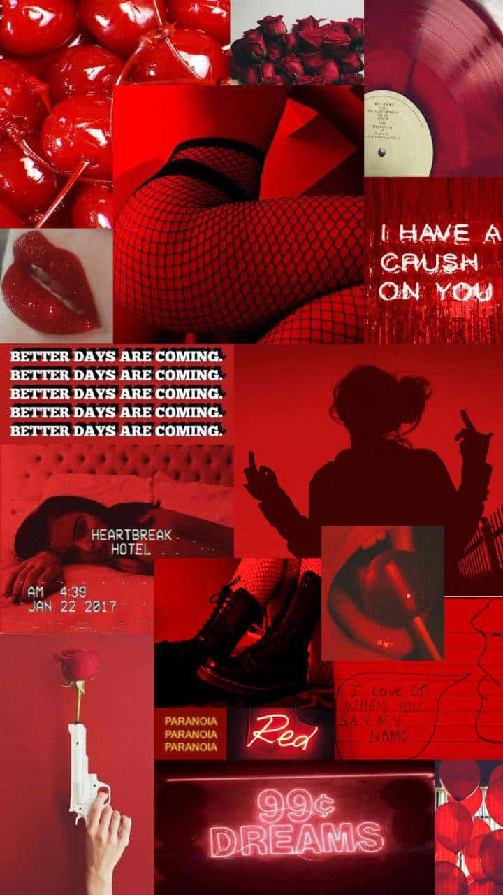 A Collage Of Red And Black Pictures With A Red Heart Background