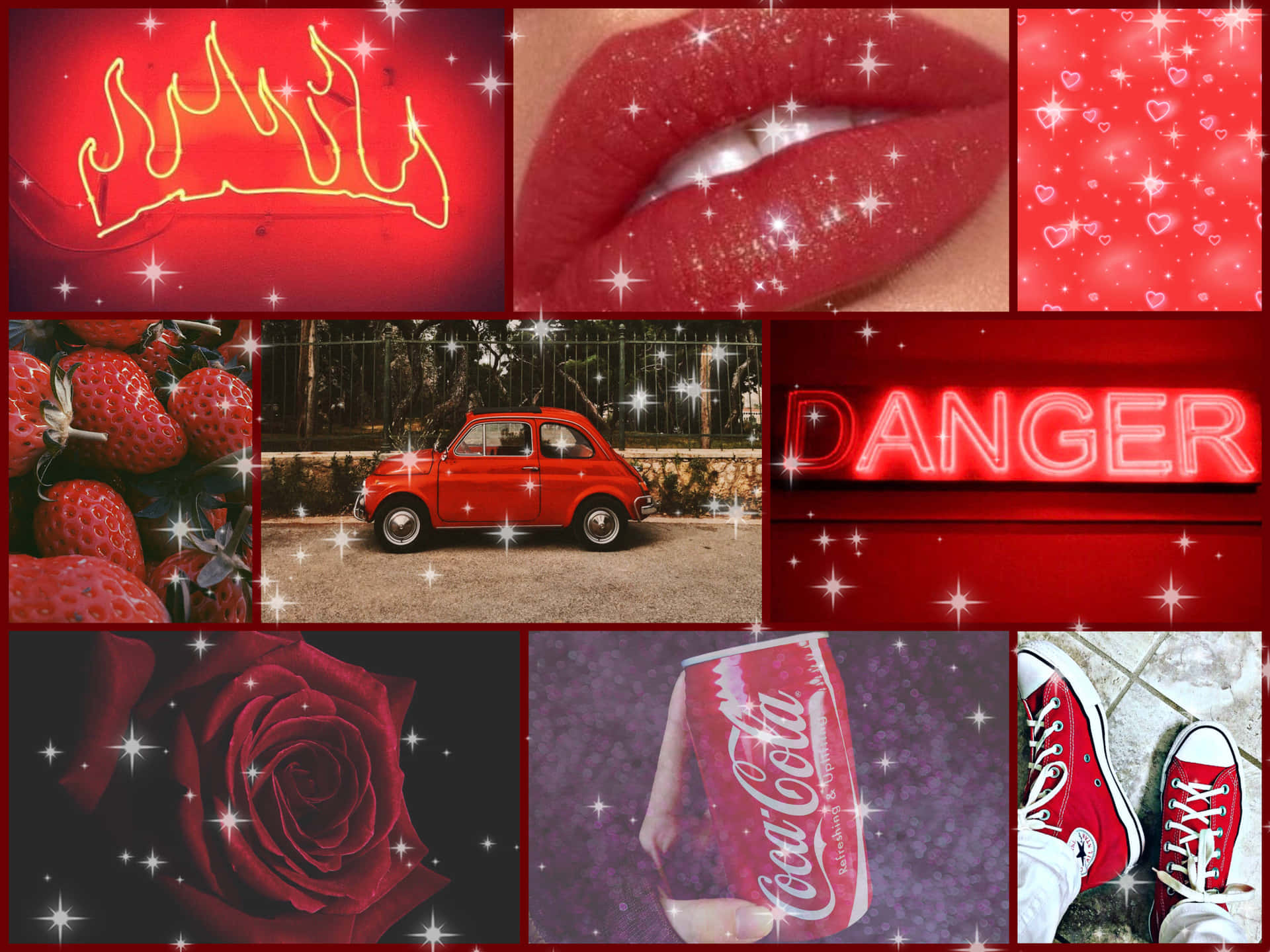 A Collage Of Red And White Pictures With The Word Danger Background