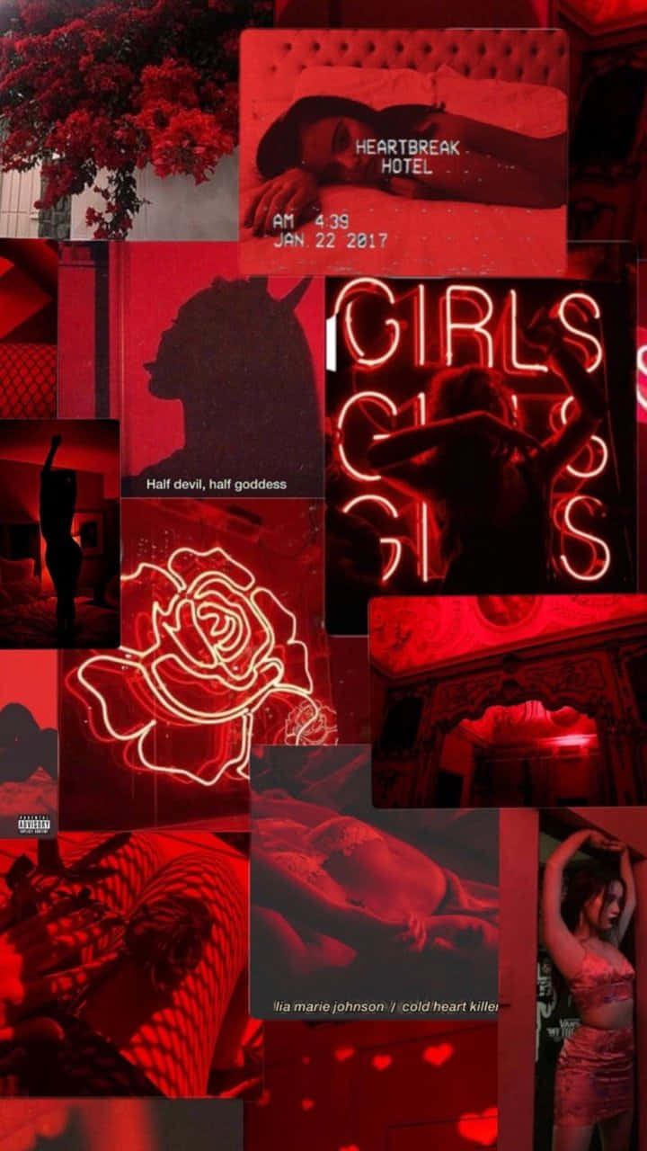 A Collage Of Red Images With A Girl In The Middle Background