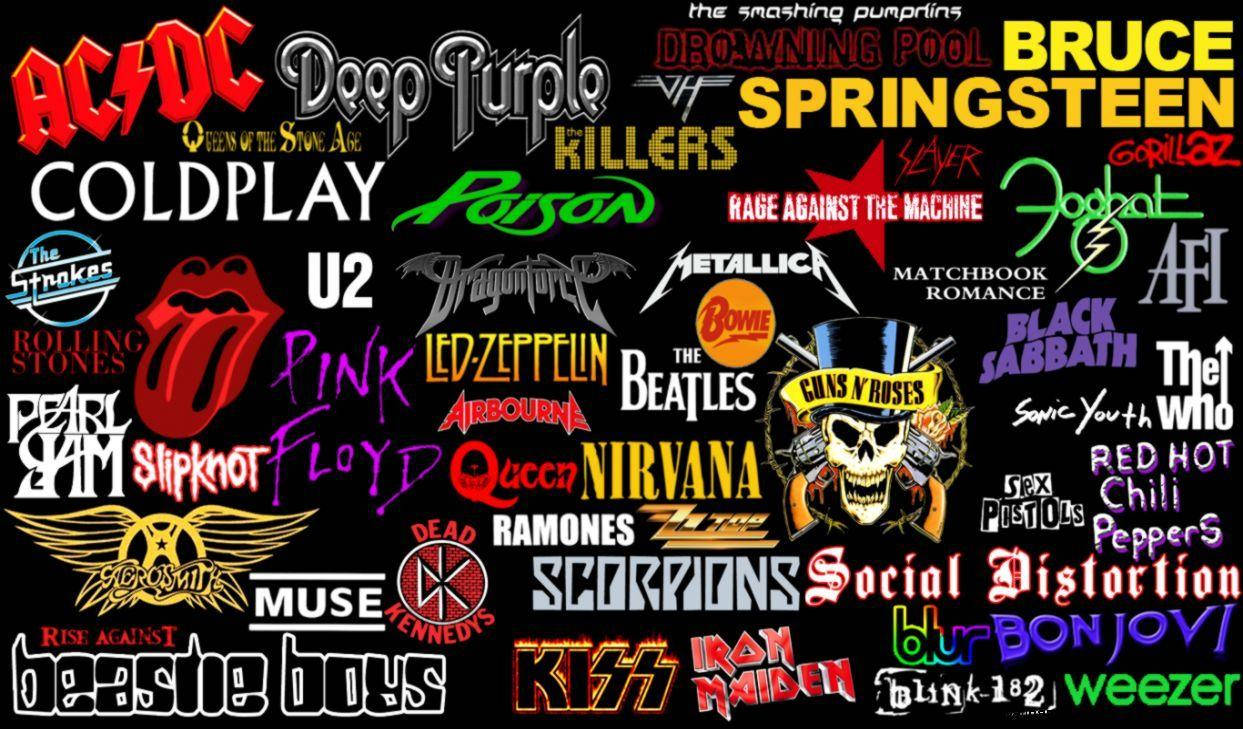 A Collage Of Rock Bands With Many Different Names Background