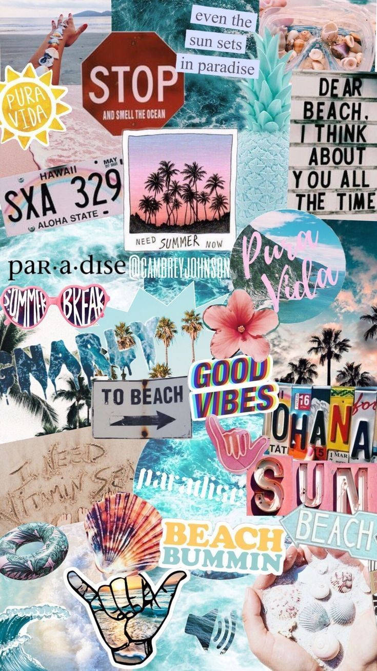 A Collage Of Stickers With Beach Themed Stickers Background