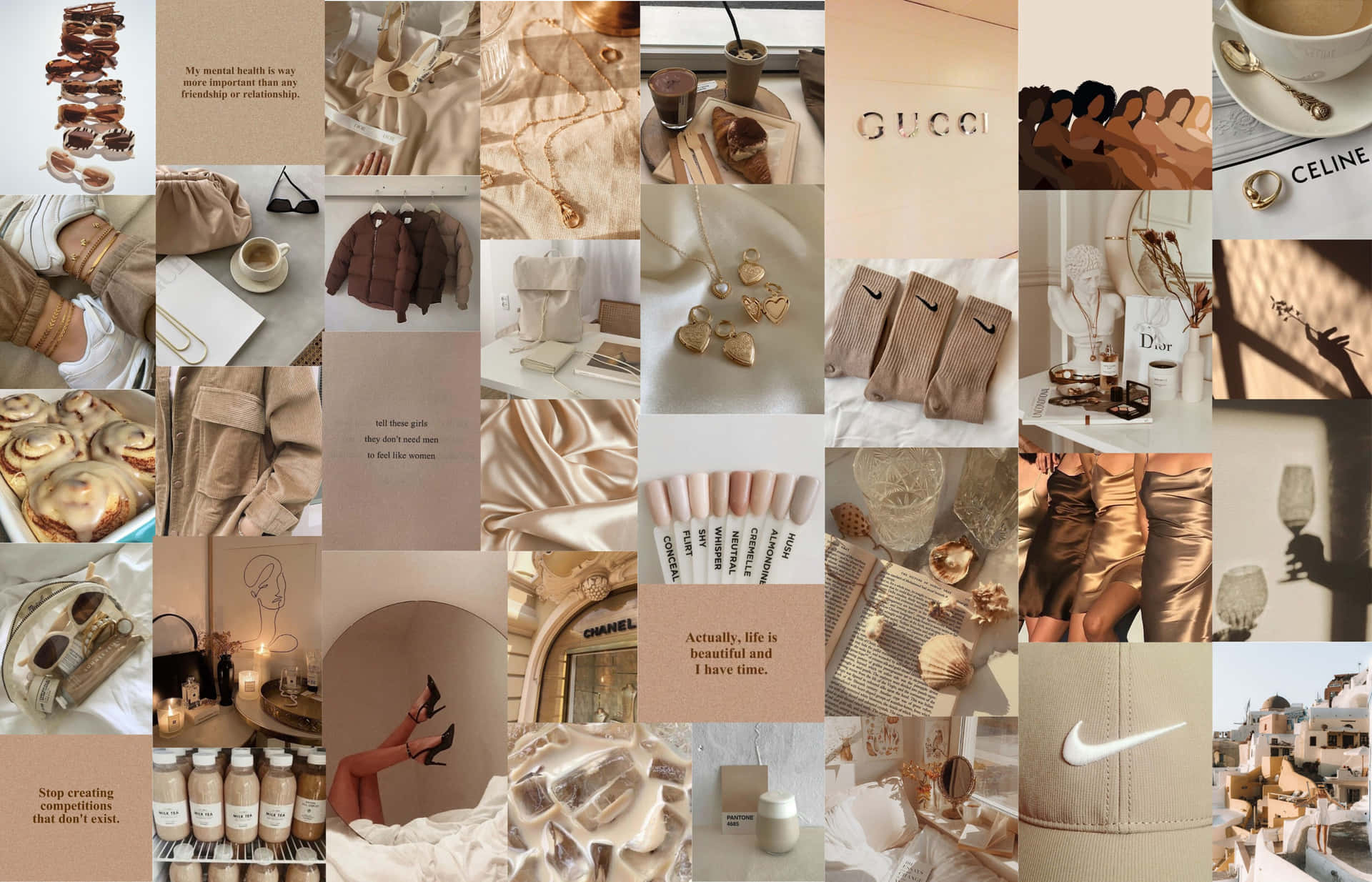 A Collage Of Various Items In A Beige Color Background