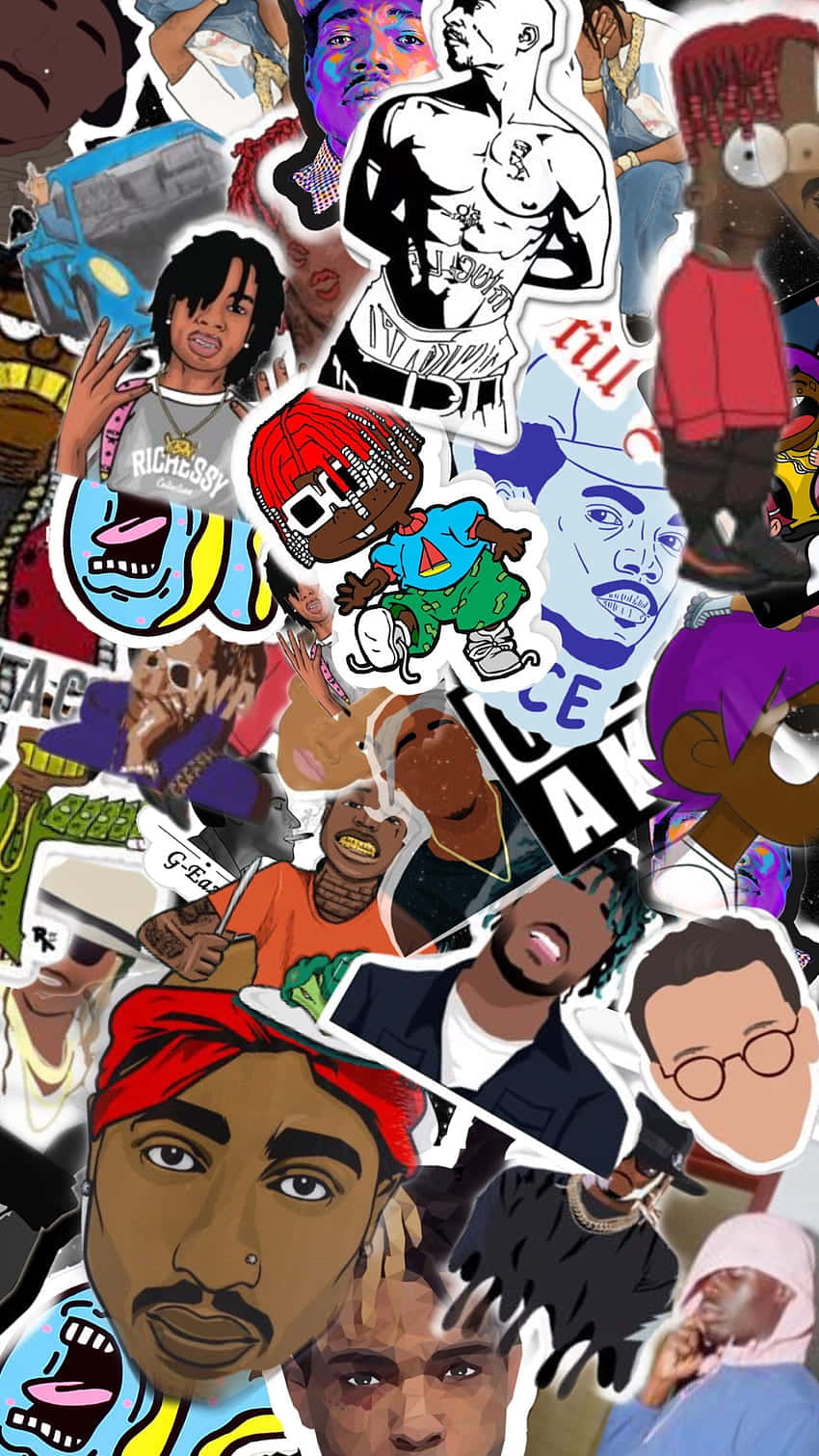 A Collage Of Various Rappers And Cartoon Characters Background