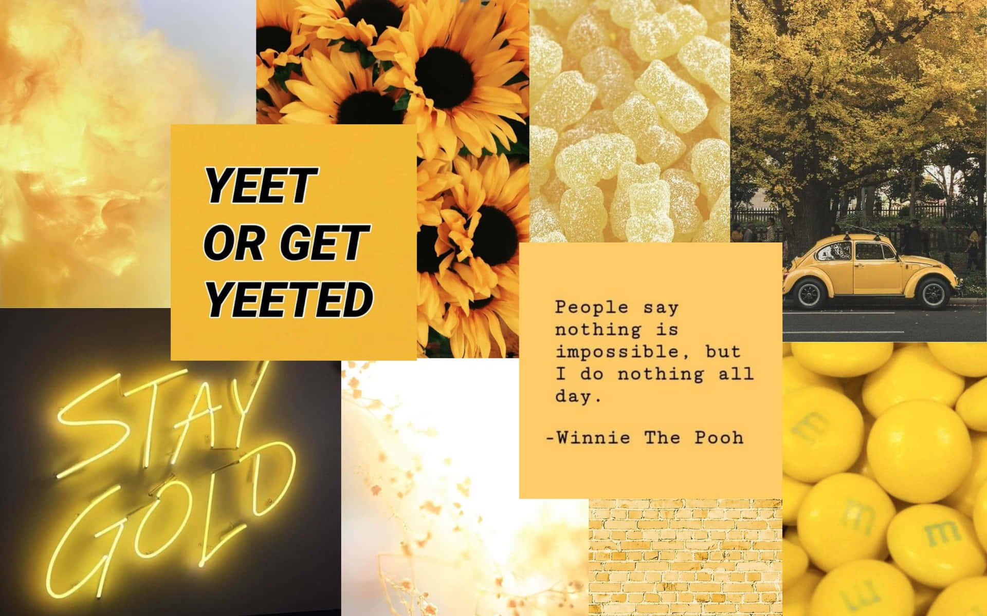 A Collage Of Yellow Flowers And Sunflowers With The Words'yet Or Get Yet' Background