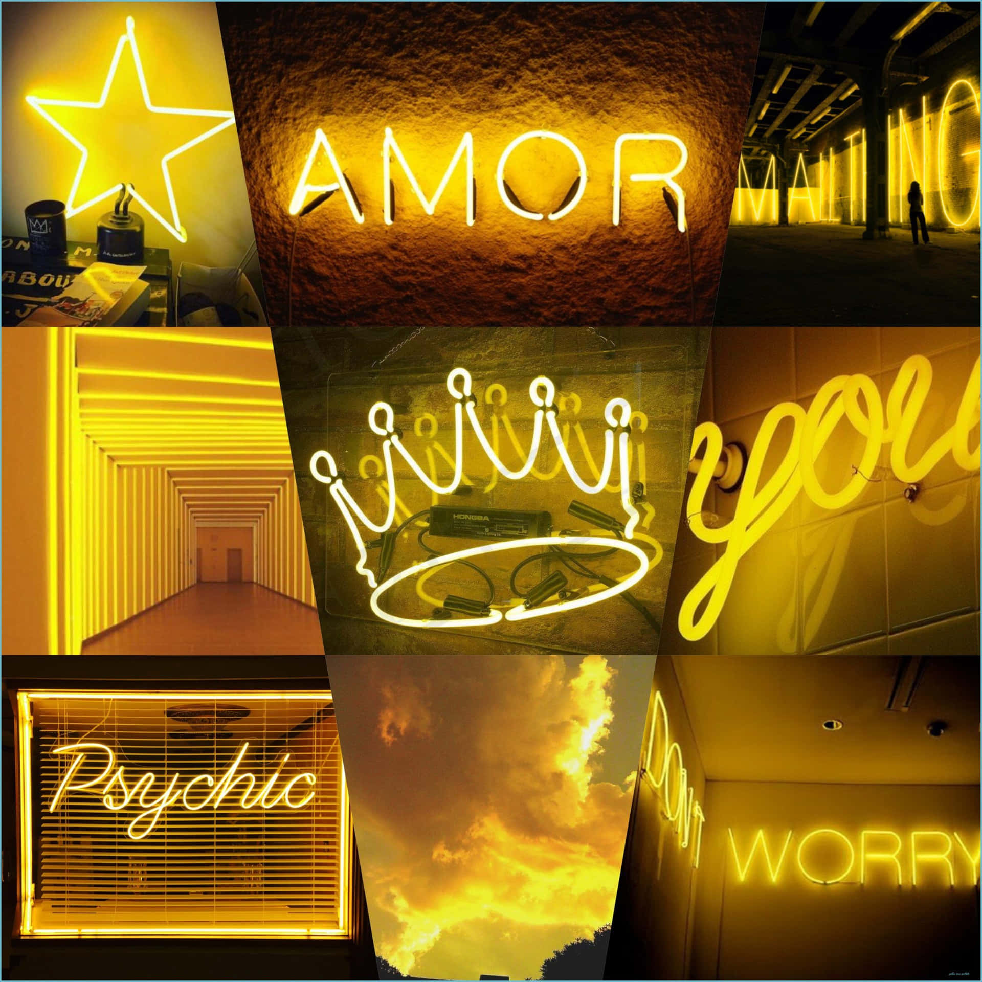 A Collage Of Yellow Neon Signs With The Words Amor And You
