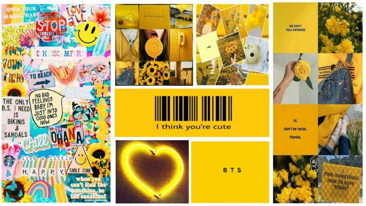 A Collage Of Yellow Pictures With A Barcode Background