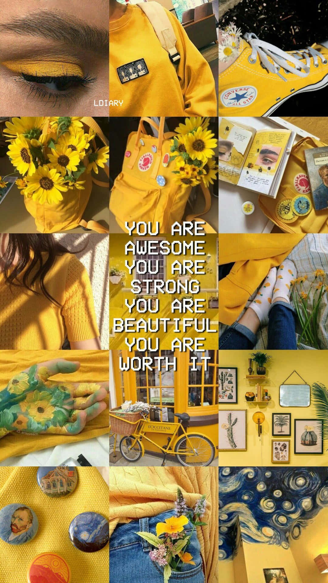 A Collage Of Yellow Pictures With Flowers And A Bicycle Background