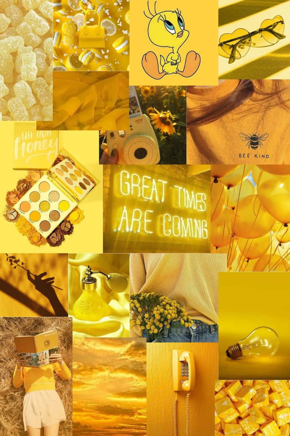 A Collage Of Yellow Pictures With The Words Great Times Are Coming Background