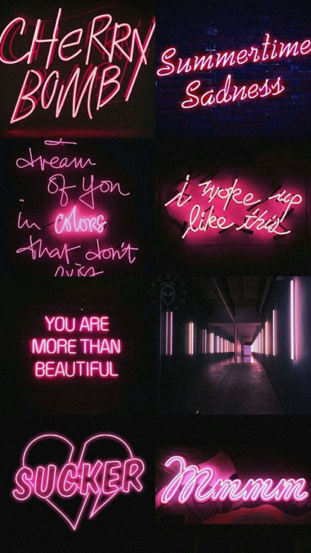 A Collection Of Neon Signs With Different Words Background