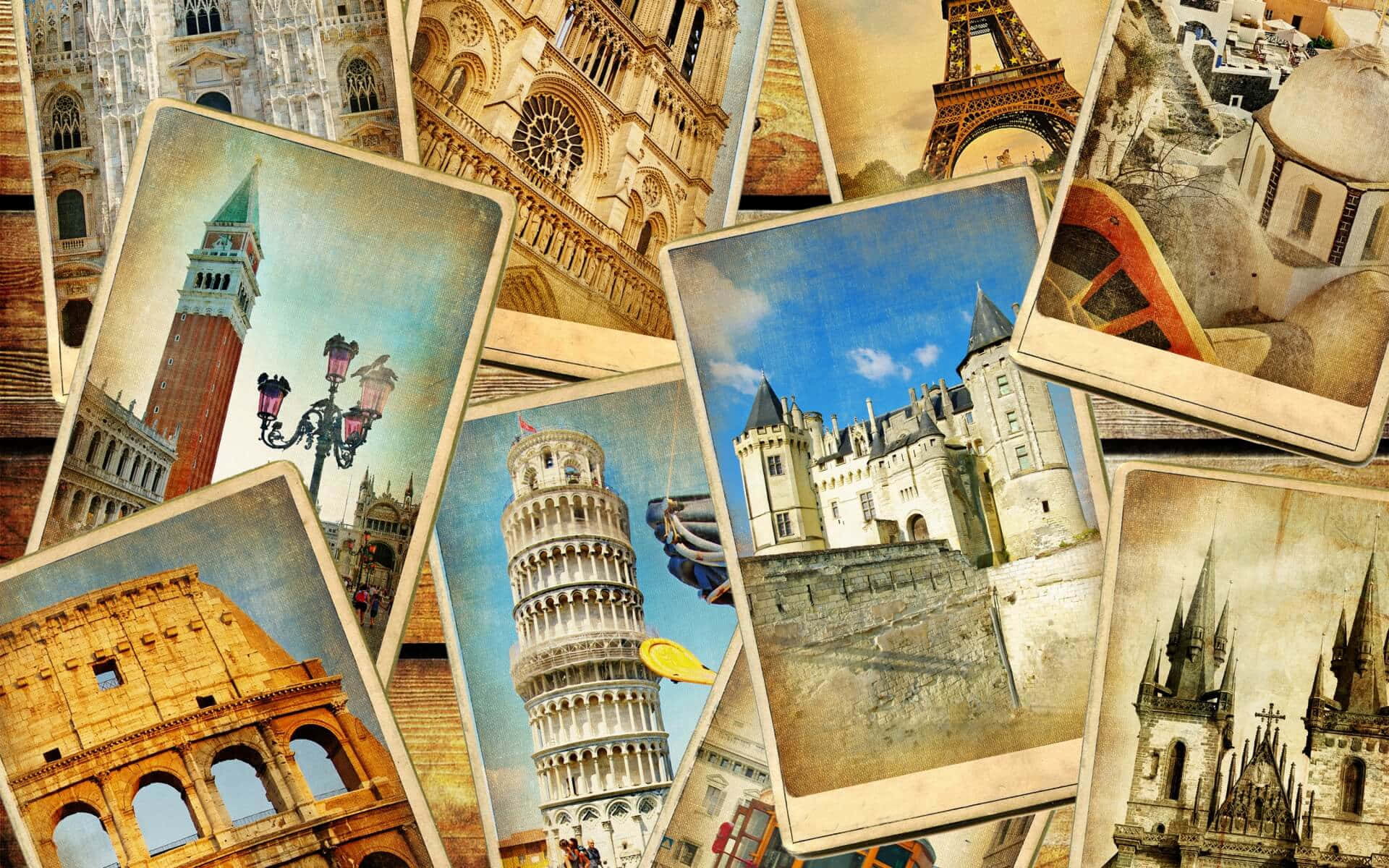 A Collection Of Old Postcards With Pictures Of Different Buildings Background