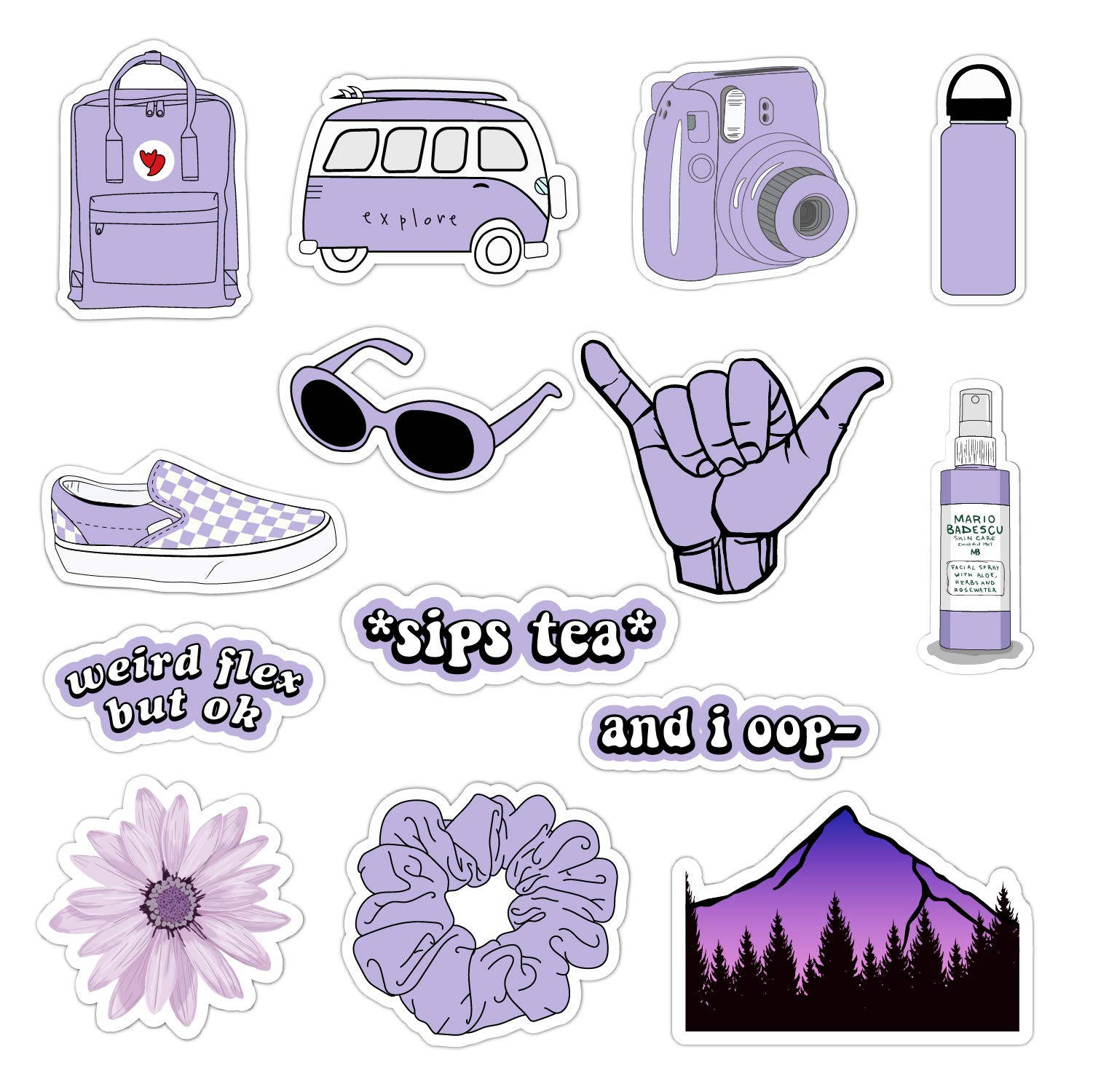 A Collection Of Stickers With Purple Items On Them