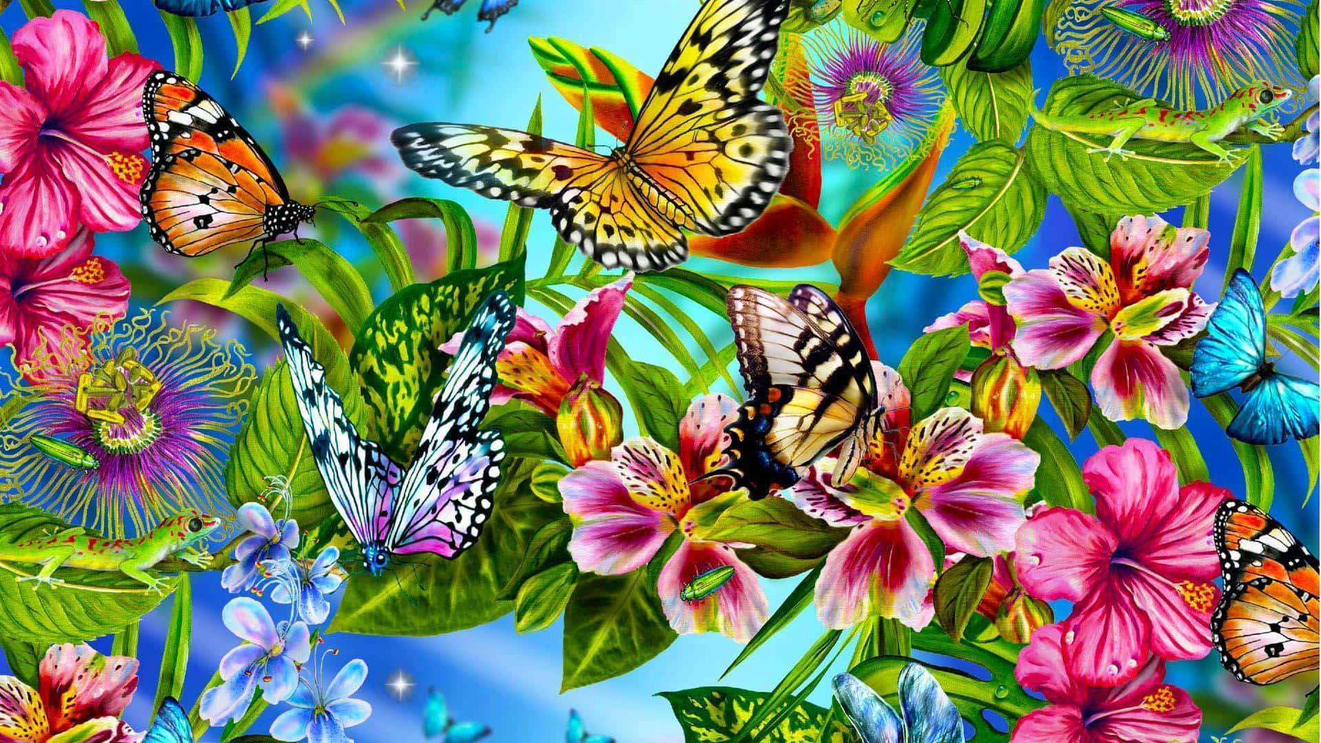 A Colorful Butterfly And Flower Pattern Background