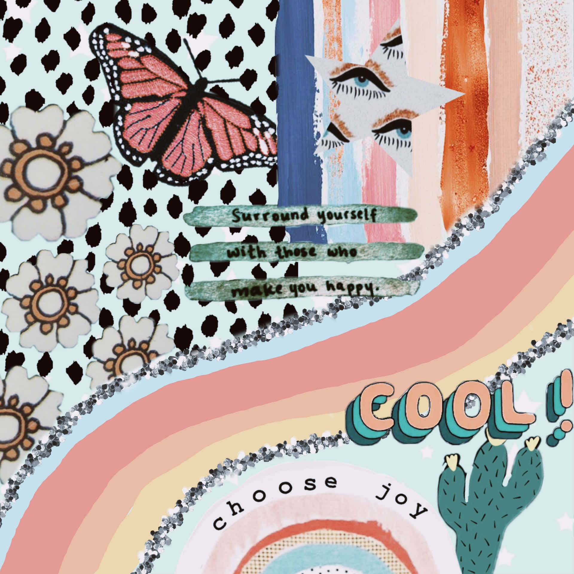A Colorful Collage With A Butterfly And Cactus Background