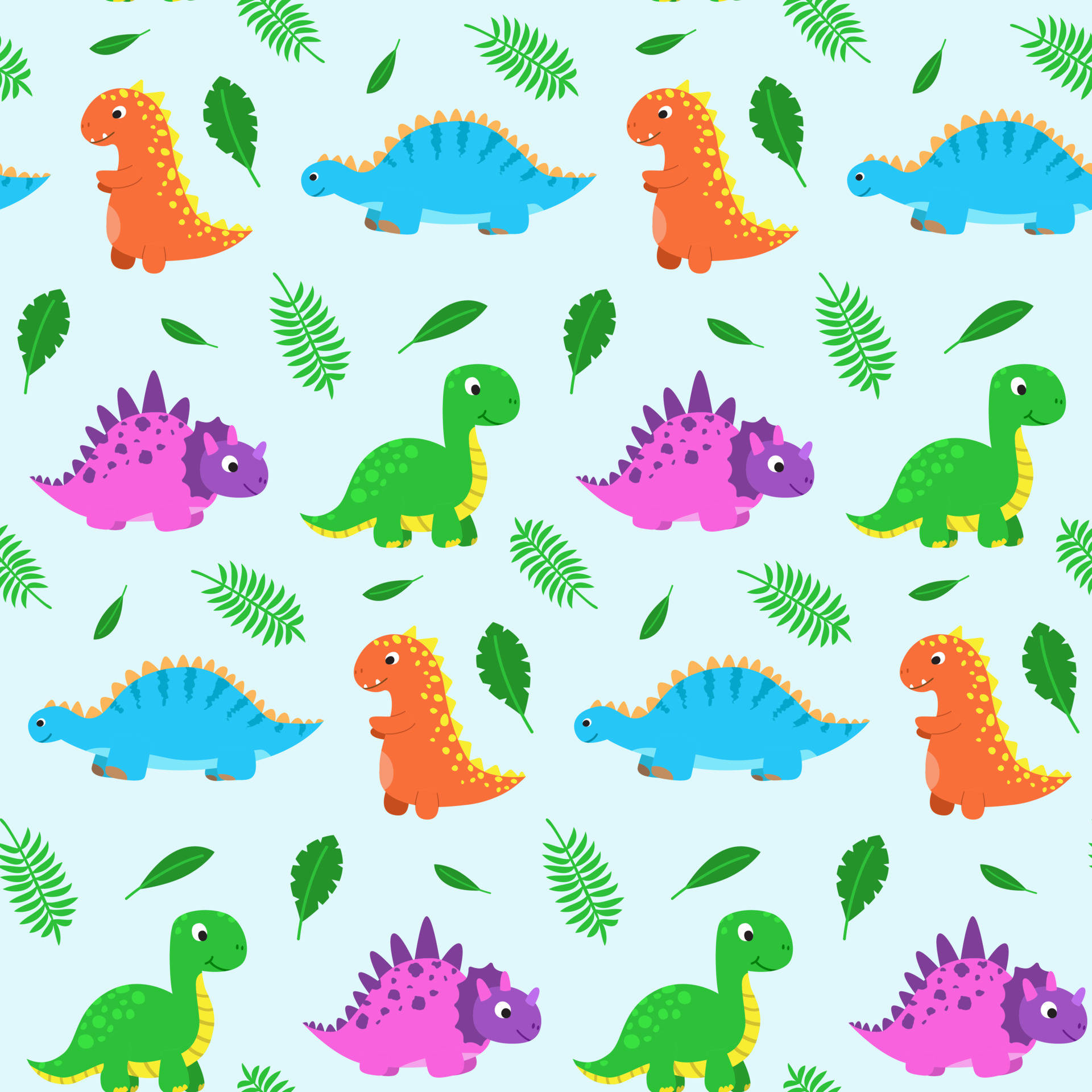 A Colorful Dinosaur Pattern With Leaves And Leaves Background