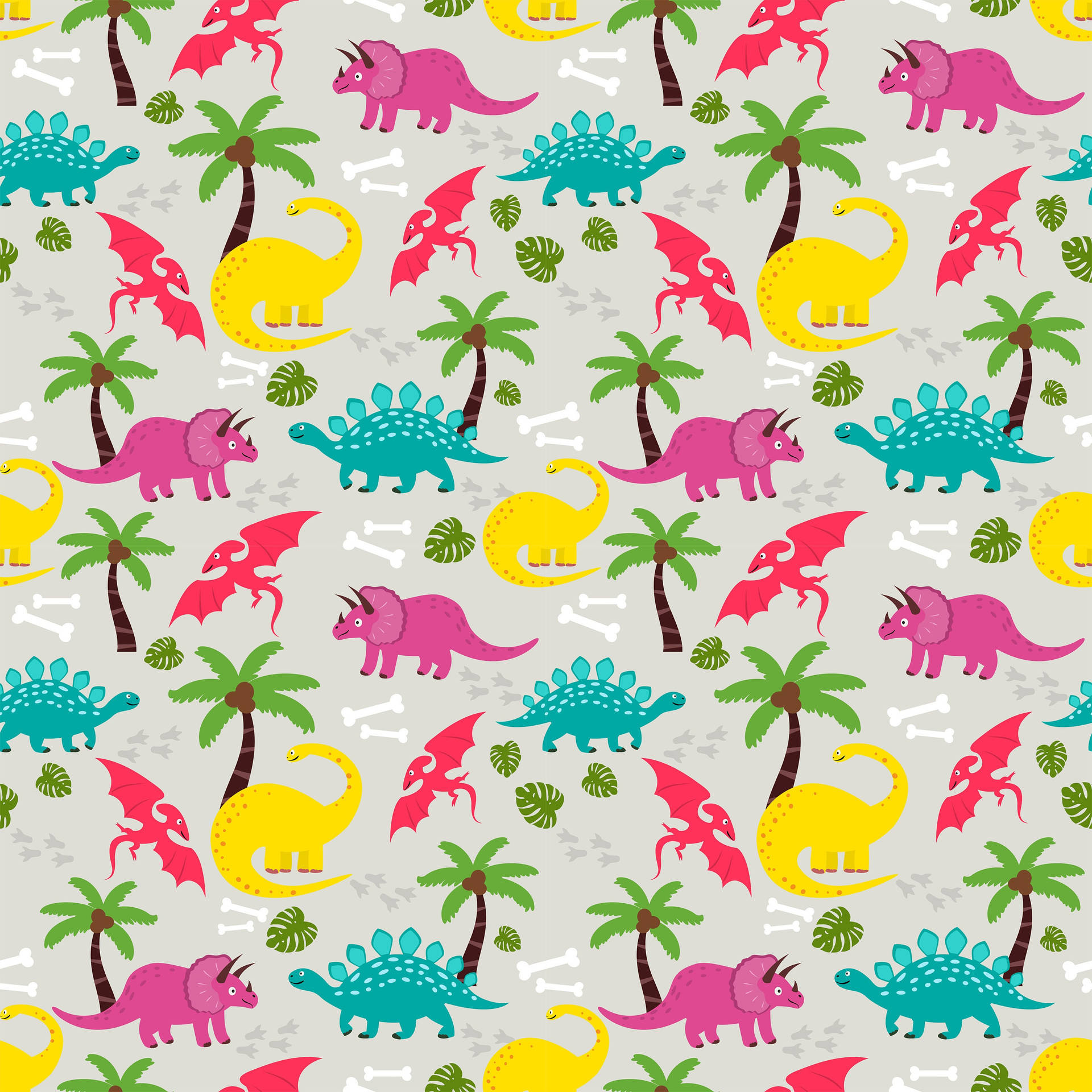 A Colorful Dinosaur Pattern With Palm Trees Background