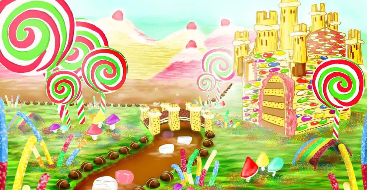 A Colorful Drawing Of A Candy Land With A Castle Background