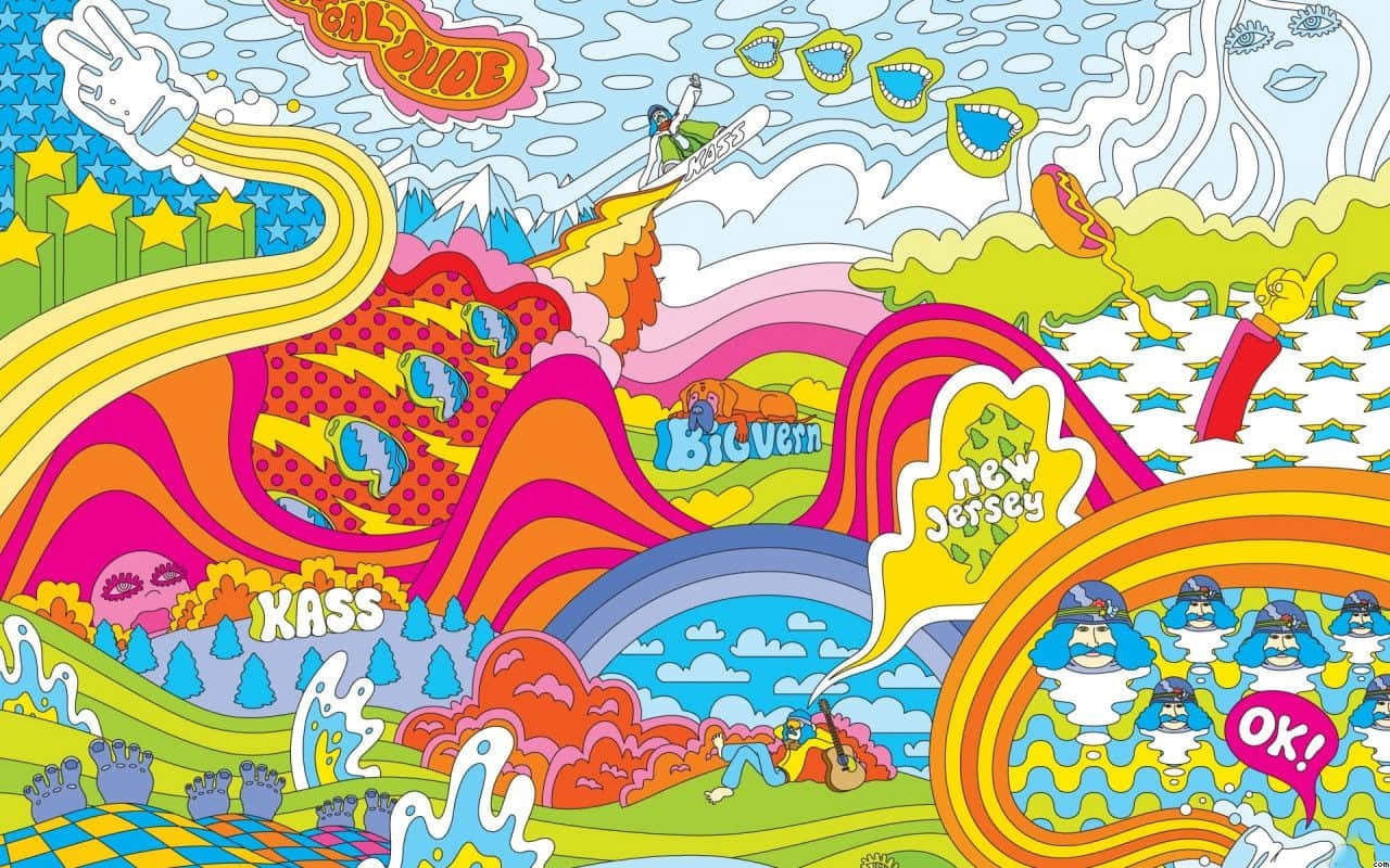 A Colorful Drawing Of A Colorful Scene Background