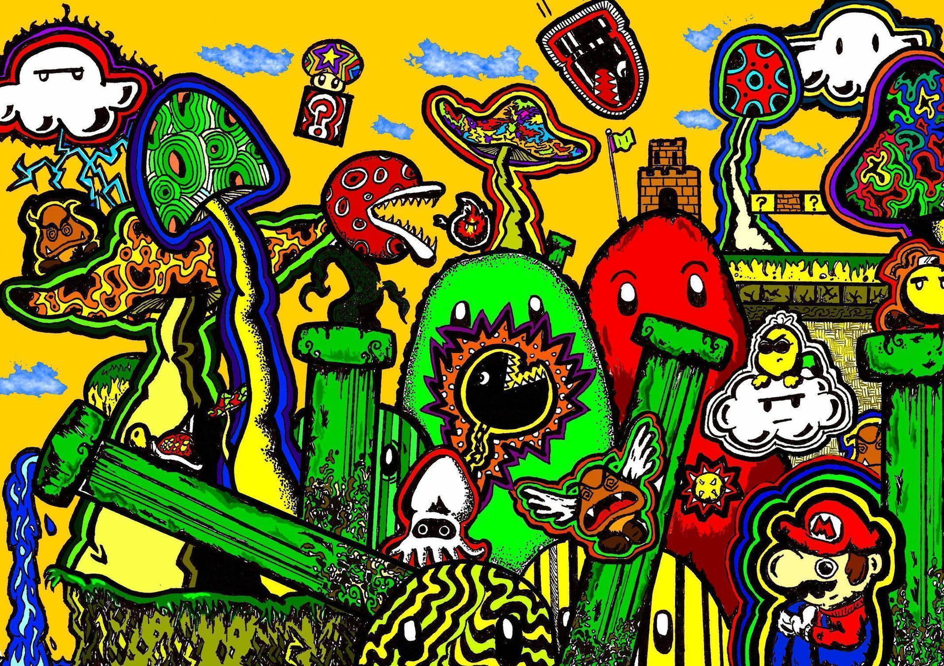 A Colorful Drawing Of A Mushroom And Other Things Background