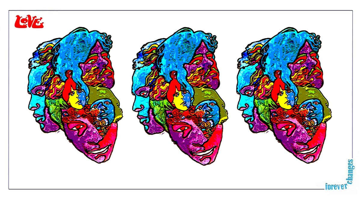 A Colorful Drawing Of Three Heads Background