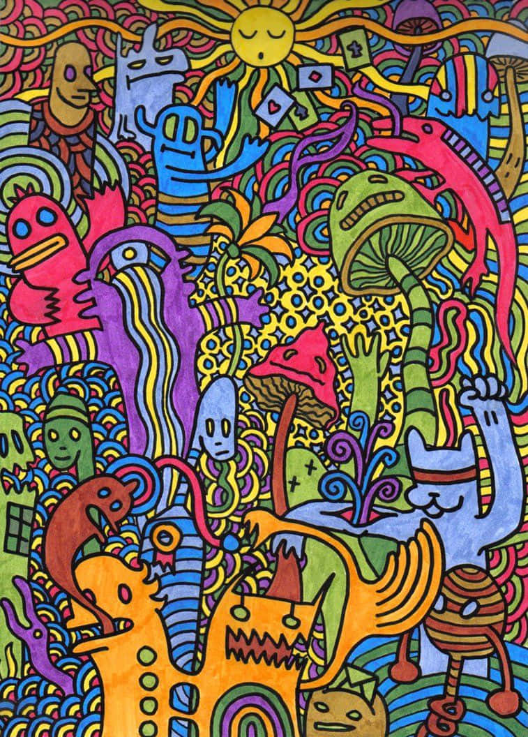 A Colorful Drawing With Many Different Characters Background