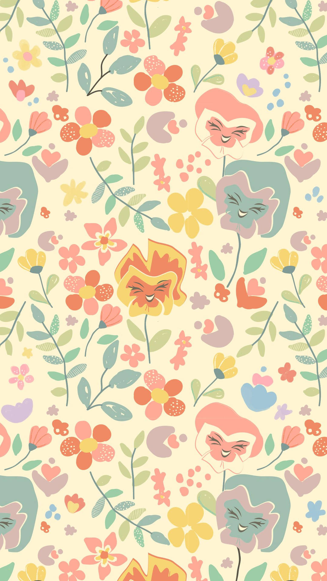 A Colorful Floral Pattern With Cats And Flowers Background