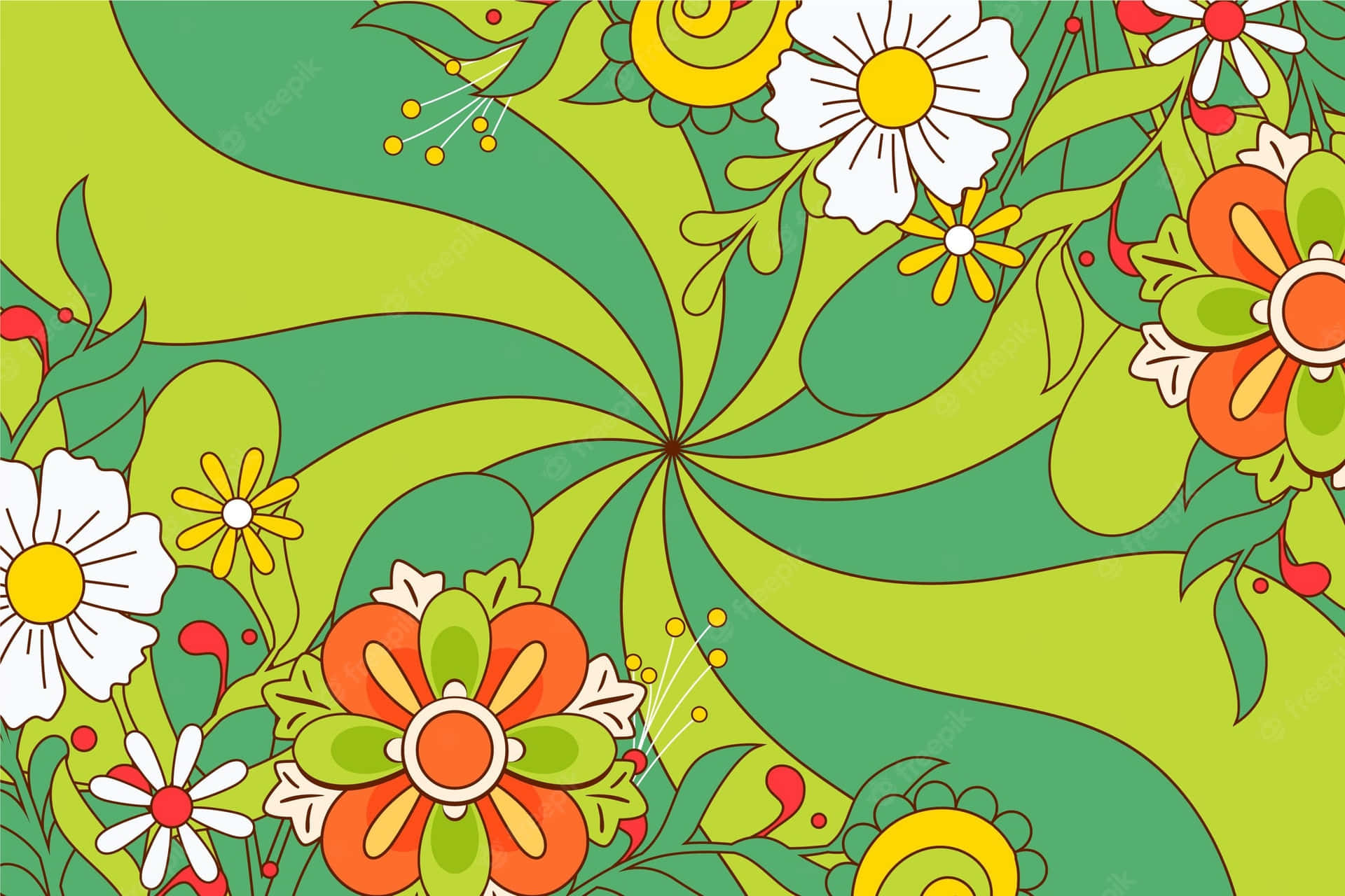 A Colorful Floral Pattern With Green Leaves And Flowers Background